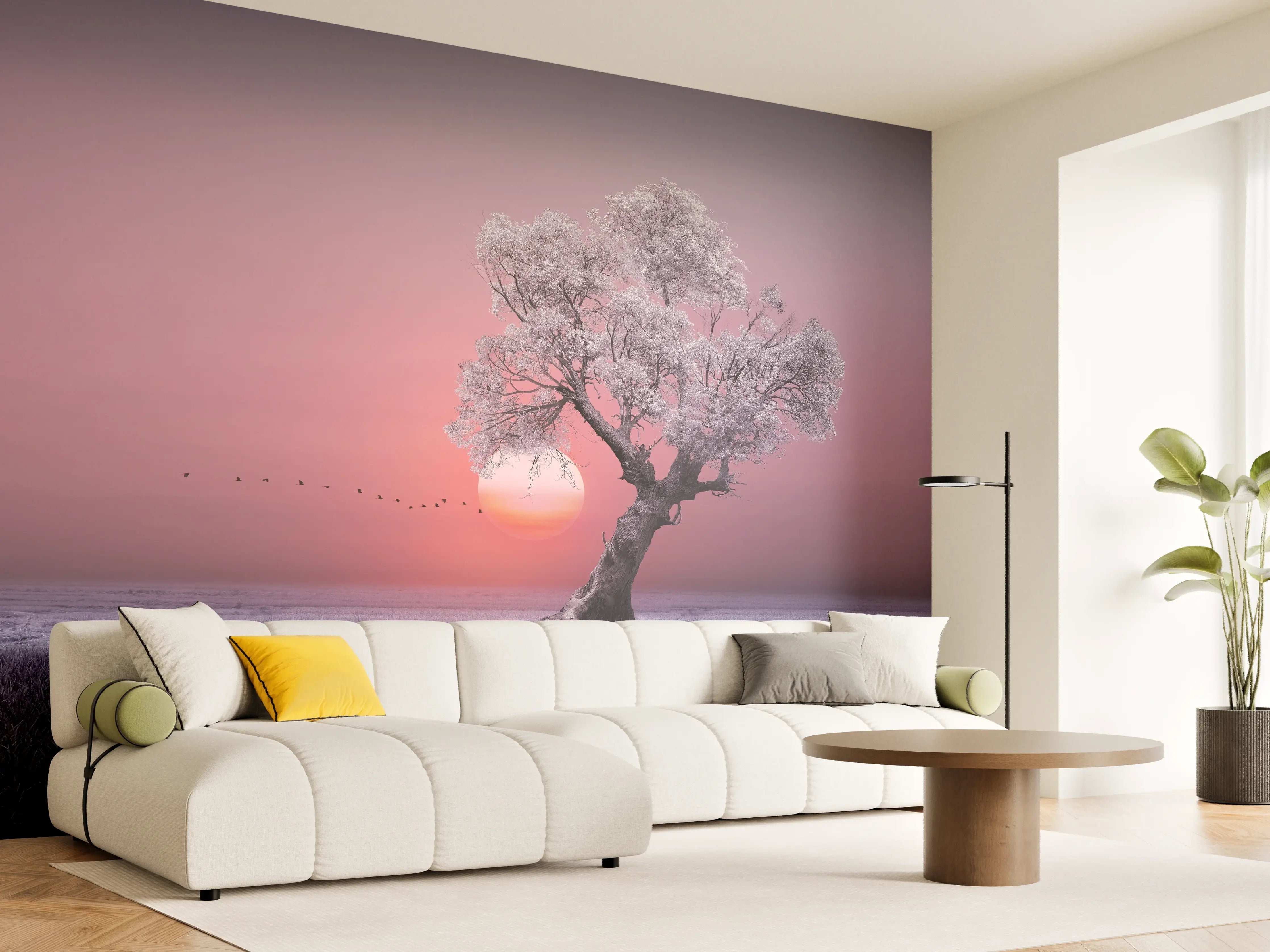Wandverkleidung Wohnzimmer - Magischer Sonnenuntergang bei blühendem Baum