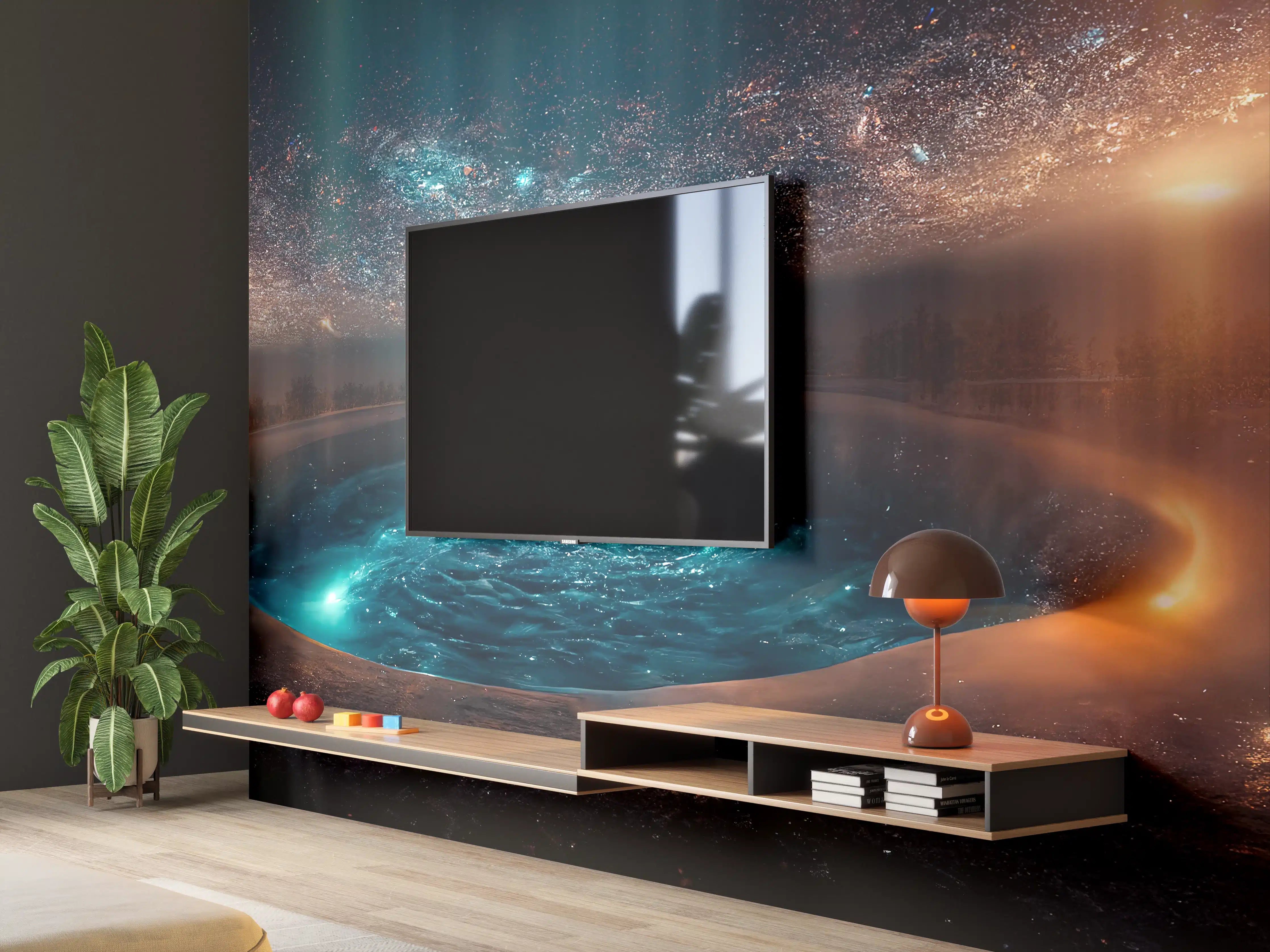 Wandverkleidung Wohnzimmer - Magischer Sternenhimmel über dem See