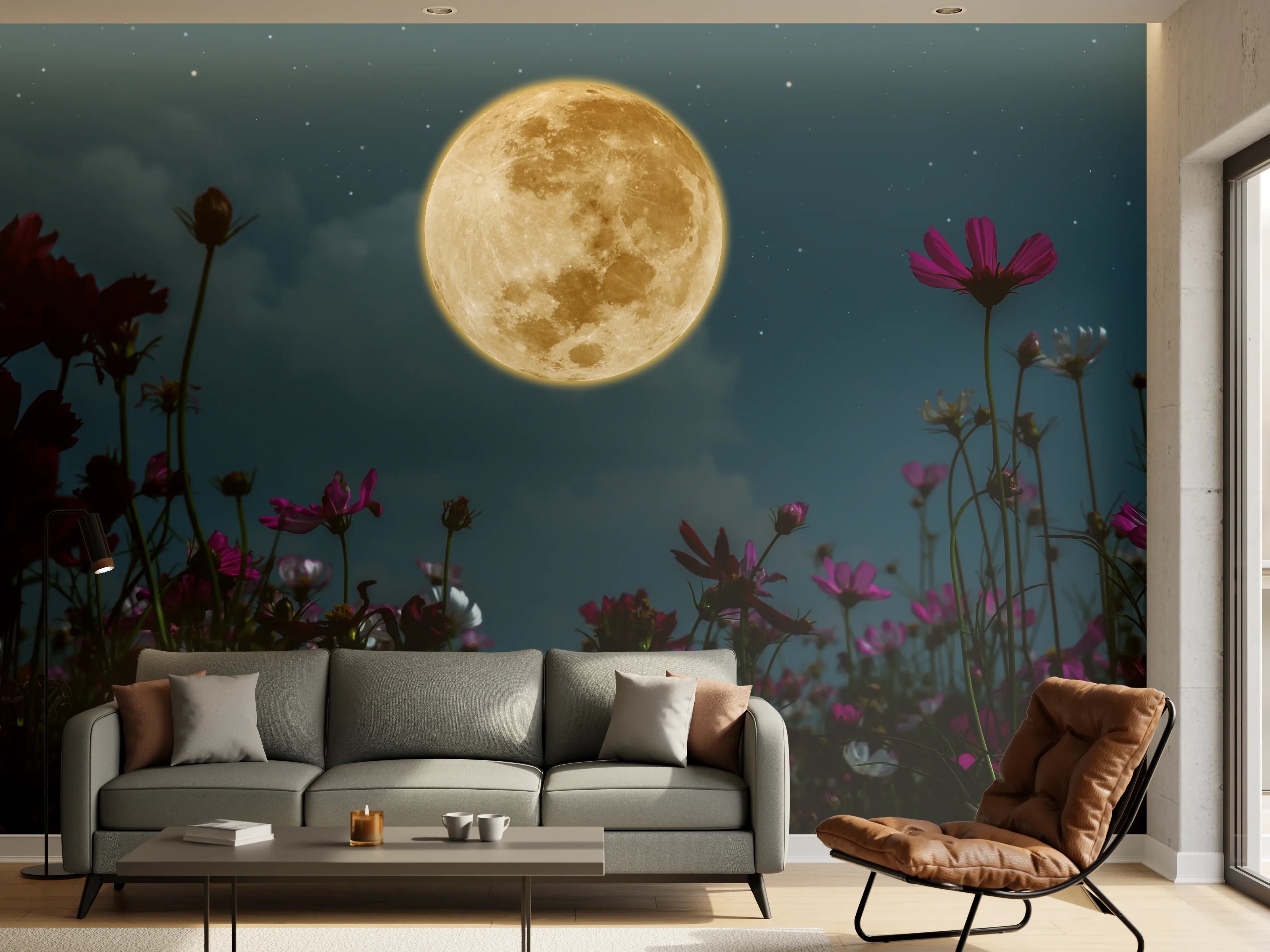 Wandverkleidung Wohnzimmer - Magischer Vollmond über bunten Blumenwiesen