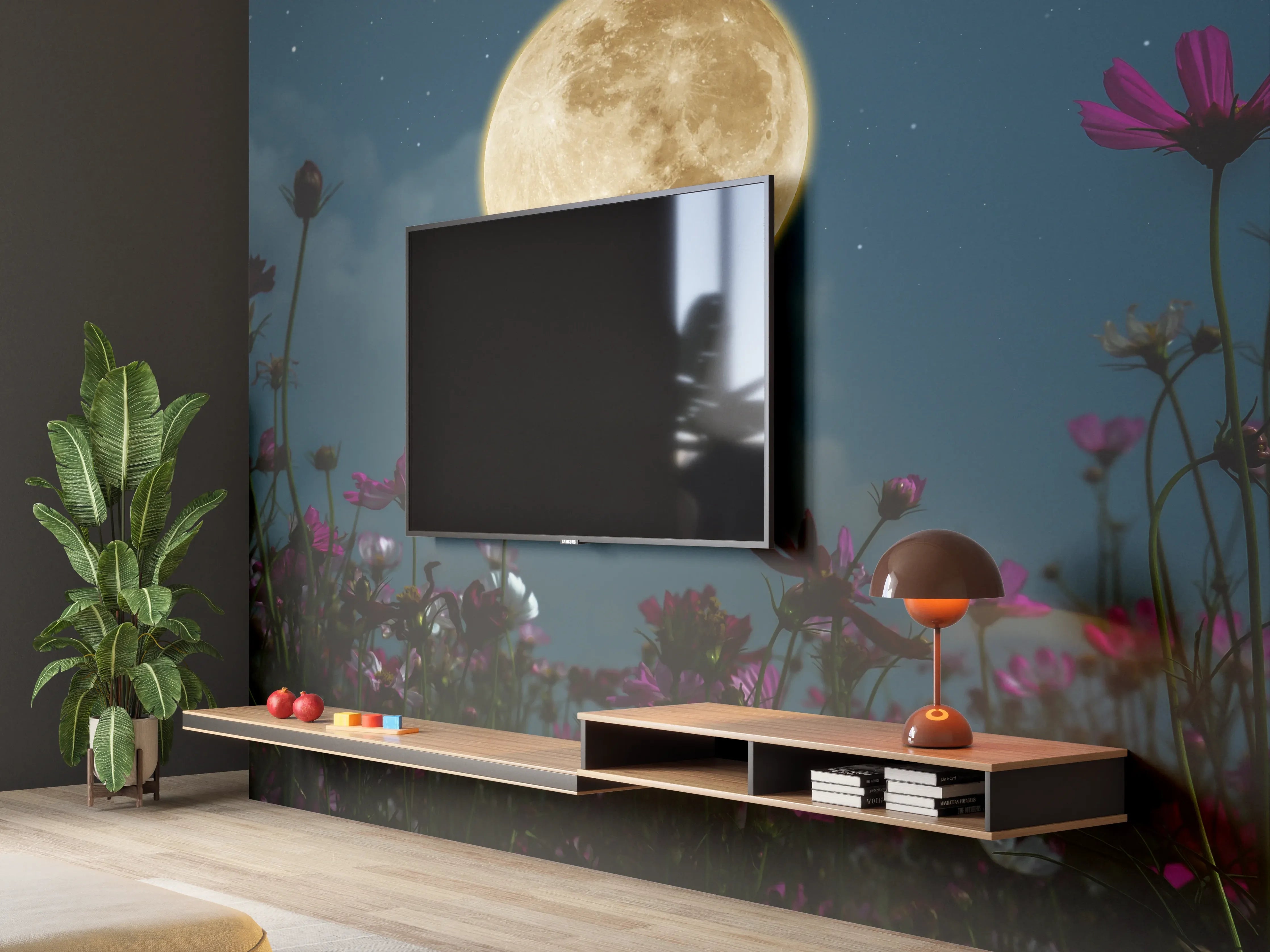 Wandverkleidung Wohnzimmer - Magischer Vollmond über bunten Blumenwiesen
