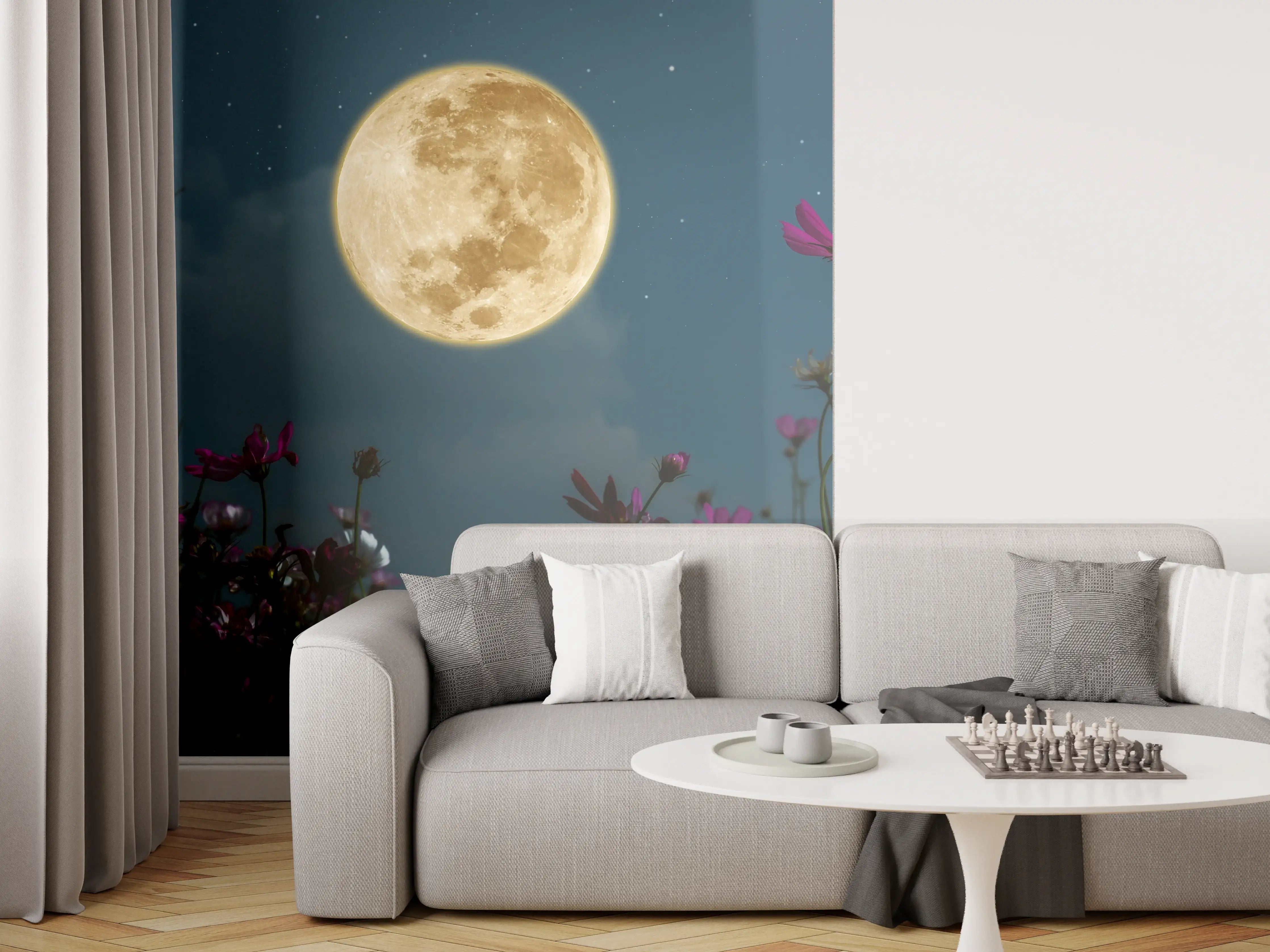 Wandverkleidung Wohnzimmer - Magischer Vollmond über bunten Blumenwiesen
