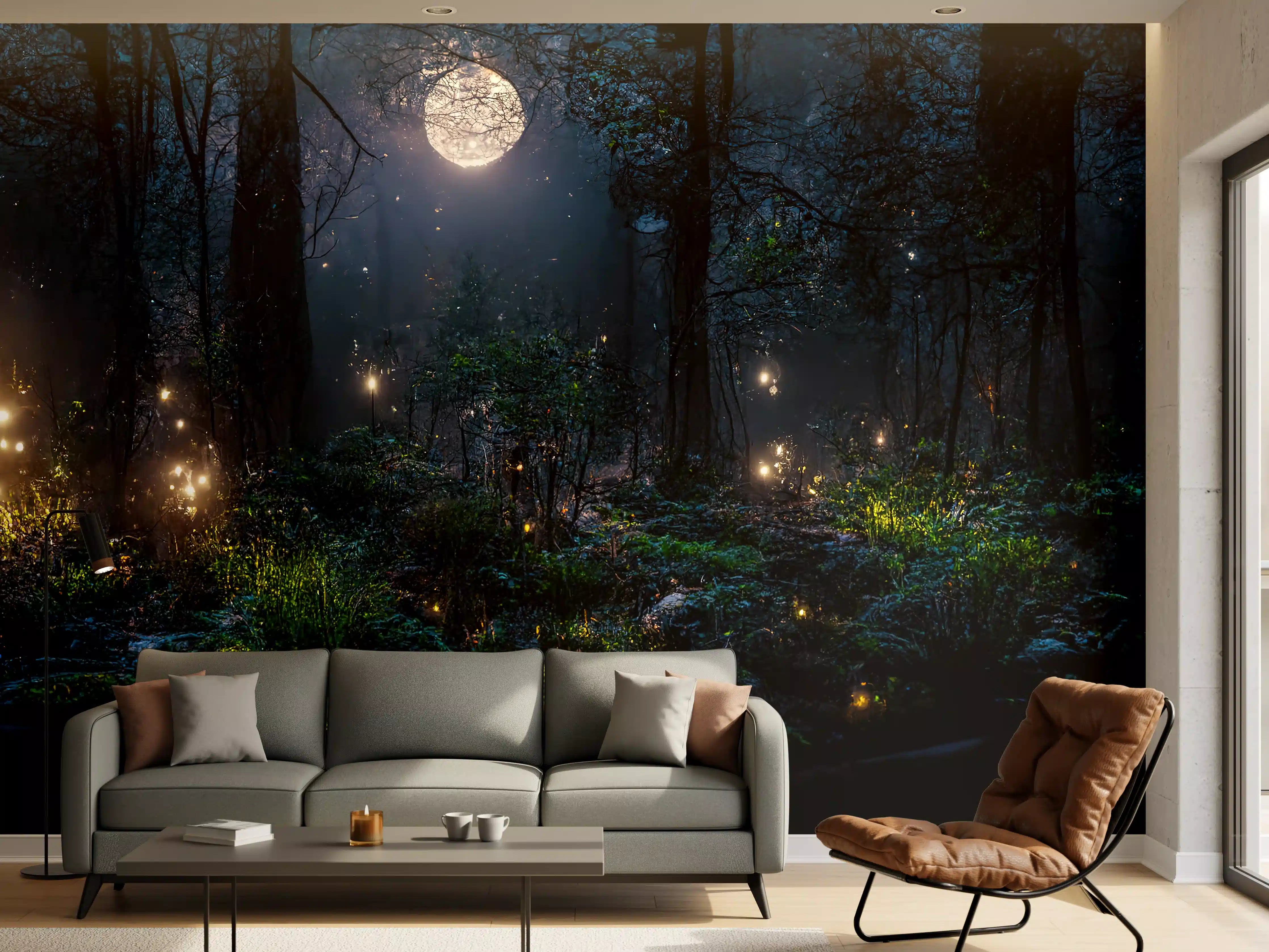 Wandverkleidung Wohnzimmer - Magischer nächtlicher Wald mit leuchtenden Effekten