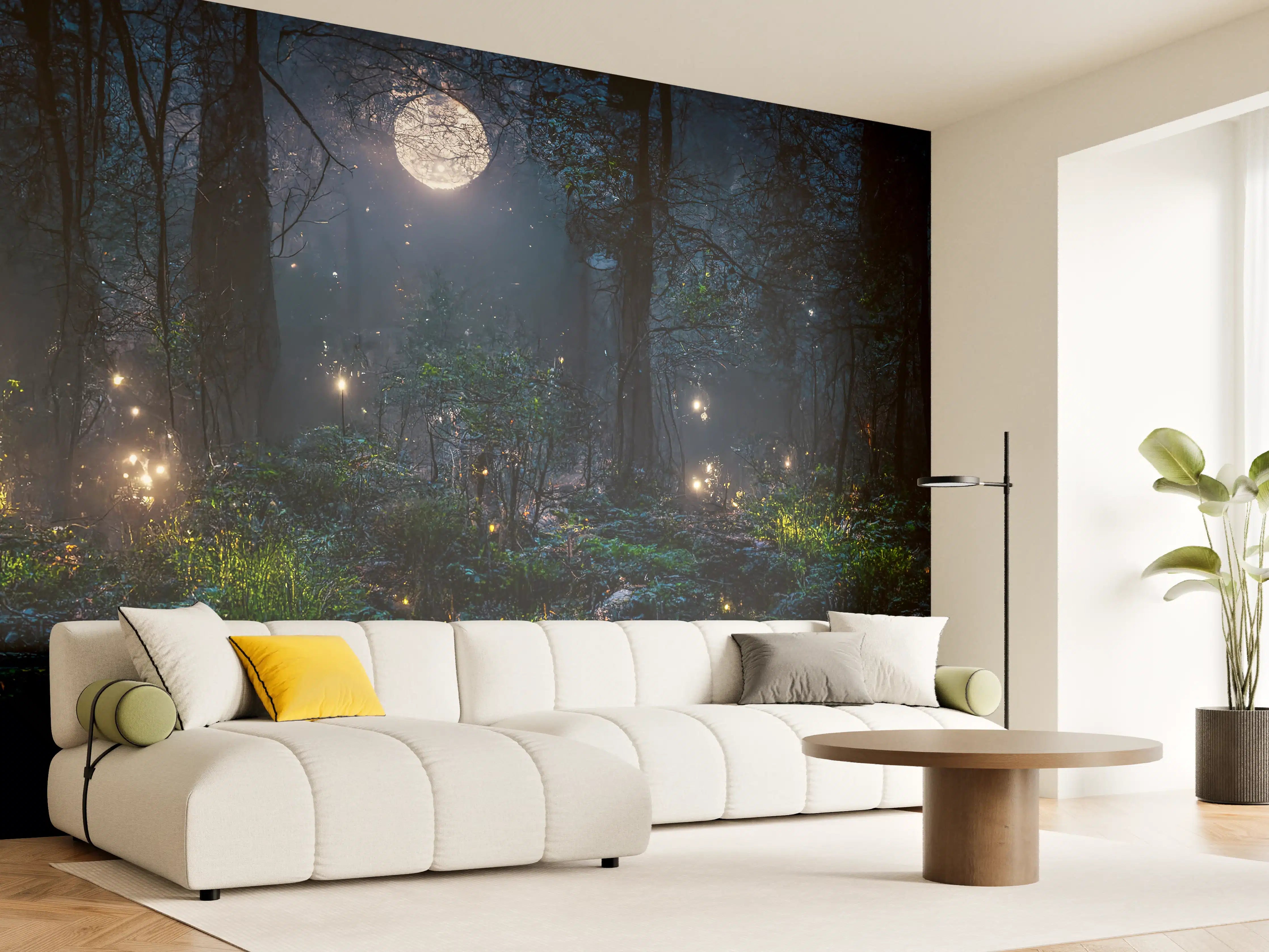 Wandverkleidung Wohnzimmer - Magischer nächtlicher Wald mit leuchtenden Effekten