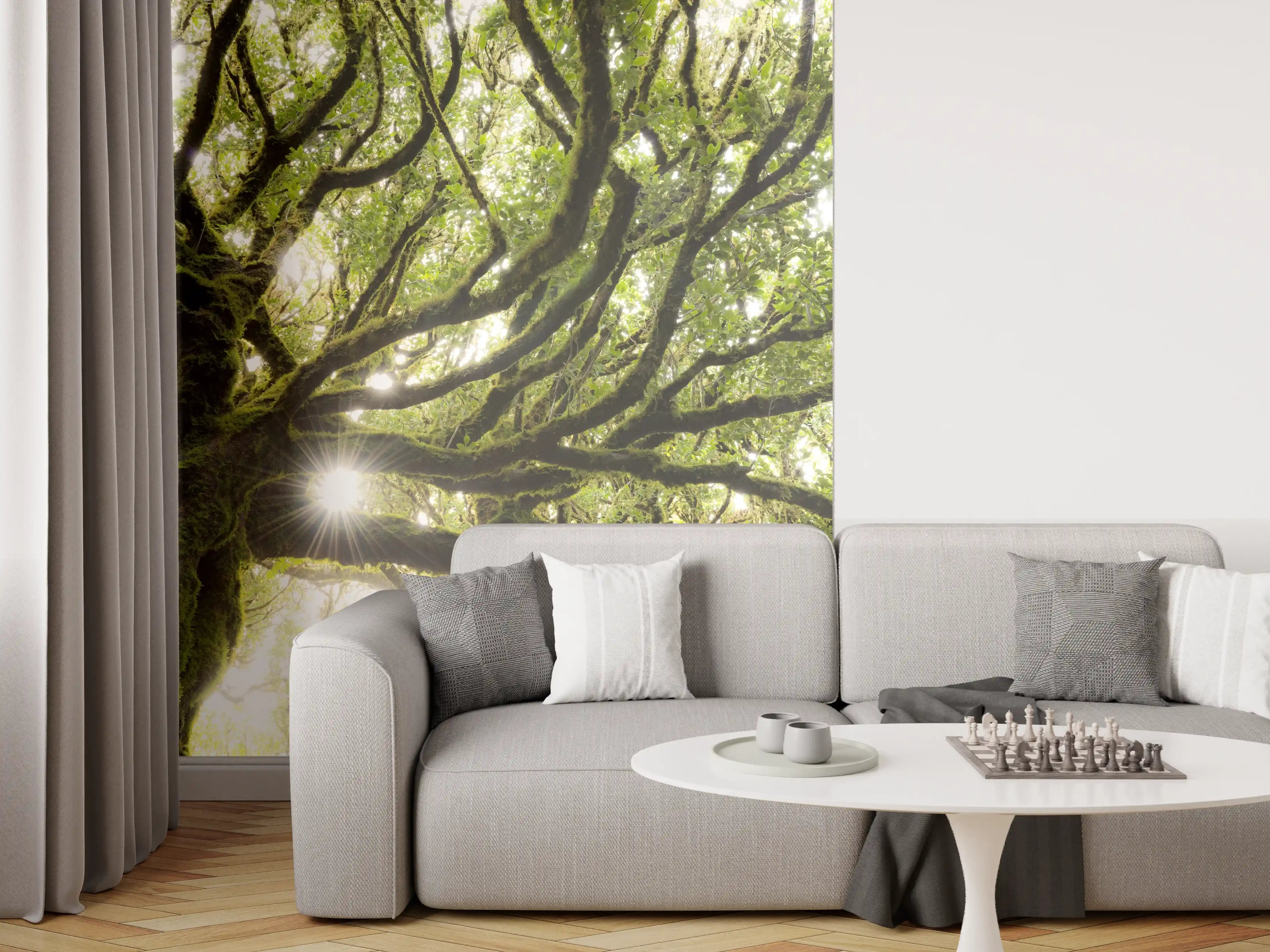 Wandverkleidung Wohnzimmer - Majestärer Baum mit Sonnenlicht