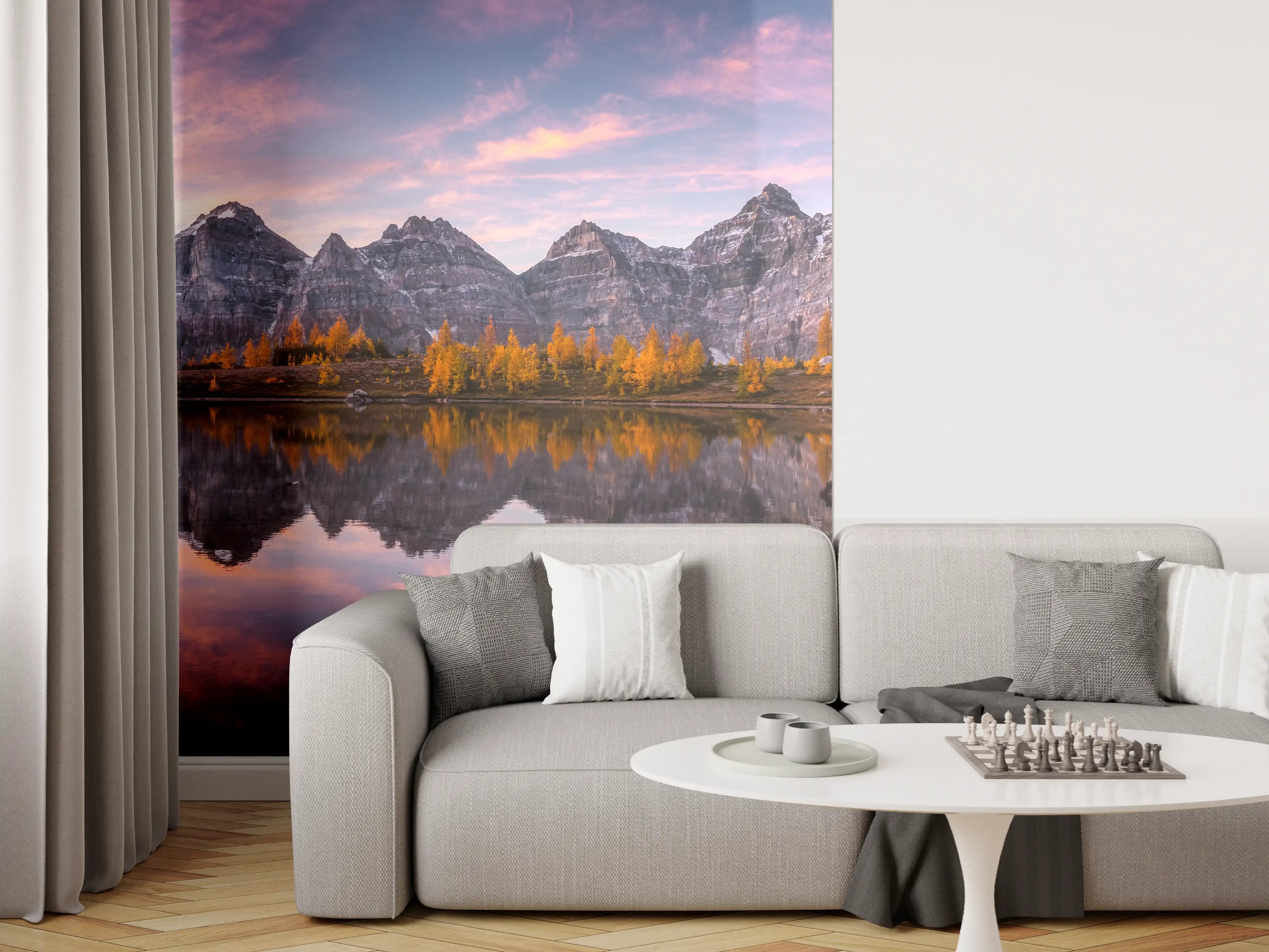 Wandverkleidung Wohnzimmer - Majestätische Bergkulisse bei Sonnenuntergang