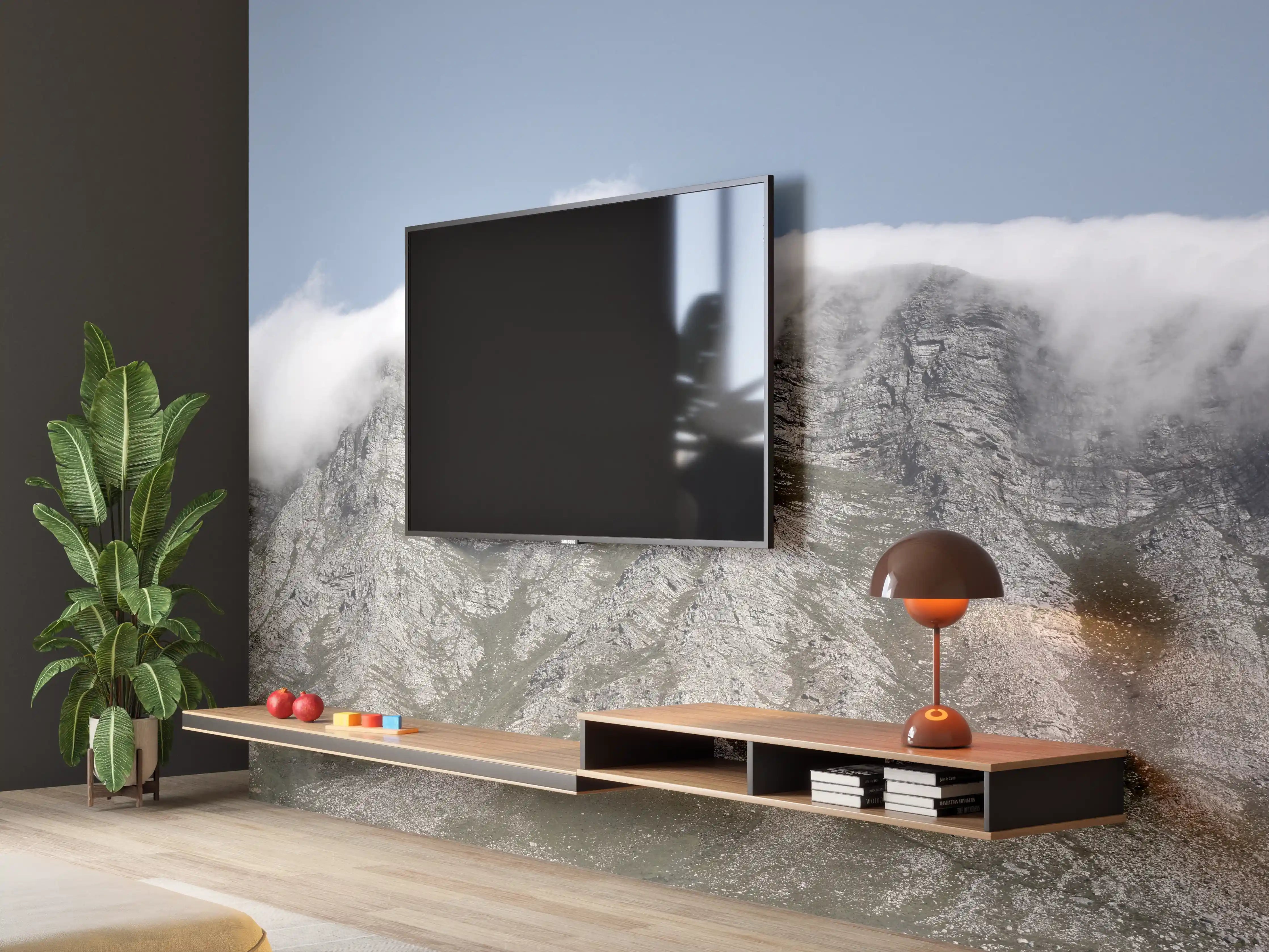 Wandverkleidung Wohnzimmer - Majestätische Bergkulisse mit Wolken