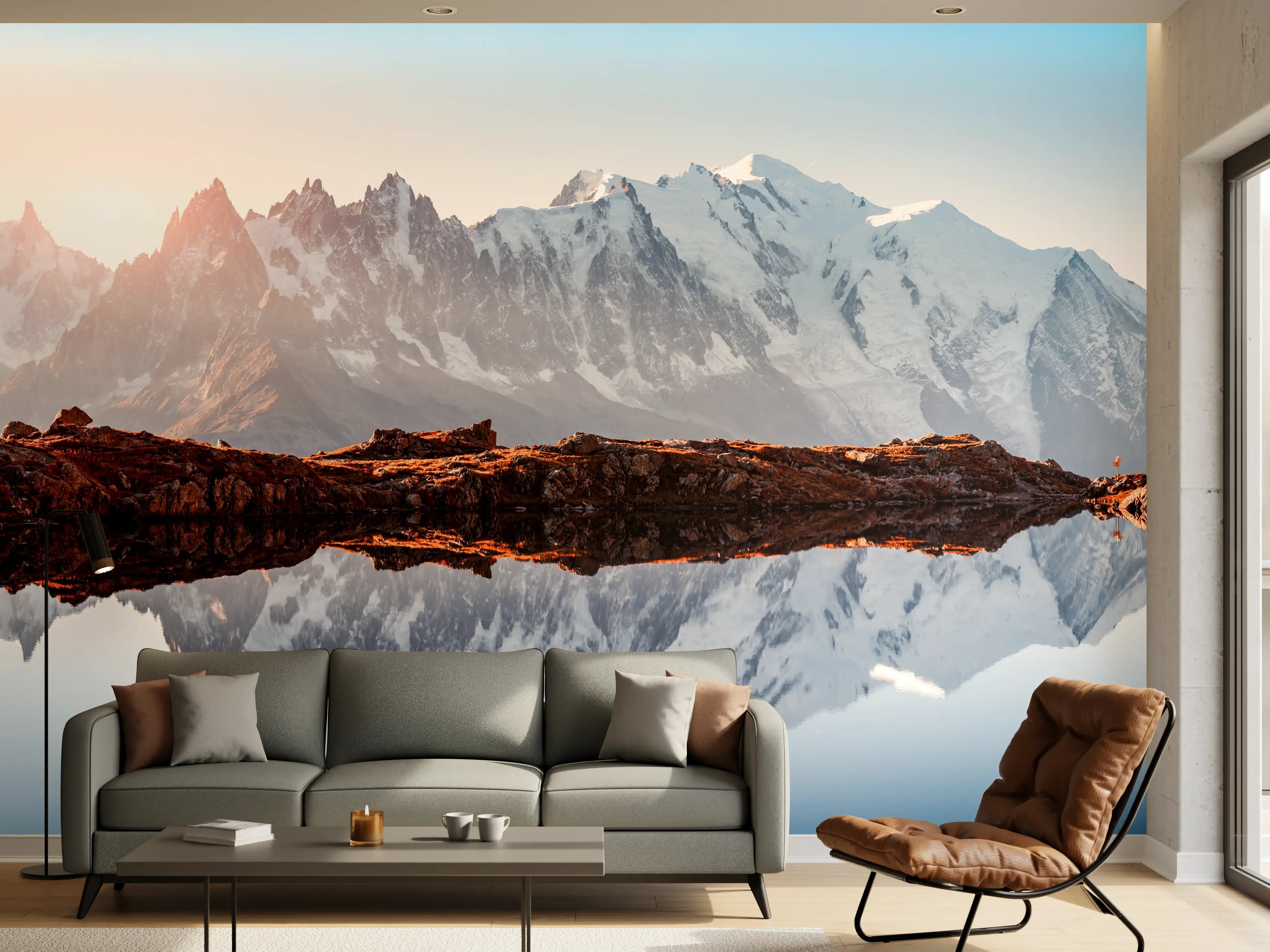 Wandverkleidung Wohnzimmer - Majestätische Bergkulisse mit klarer Wasserreflexion