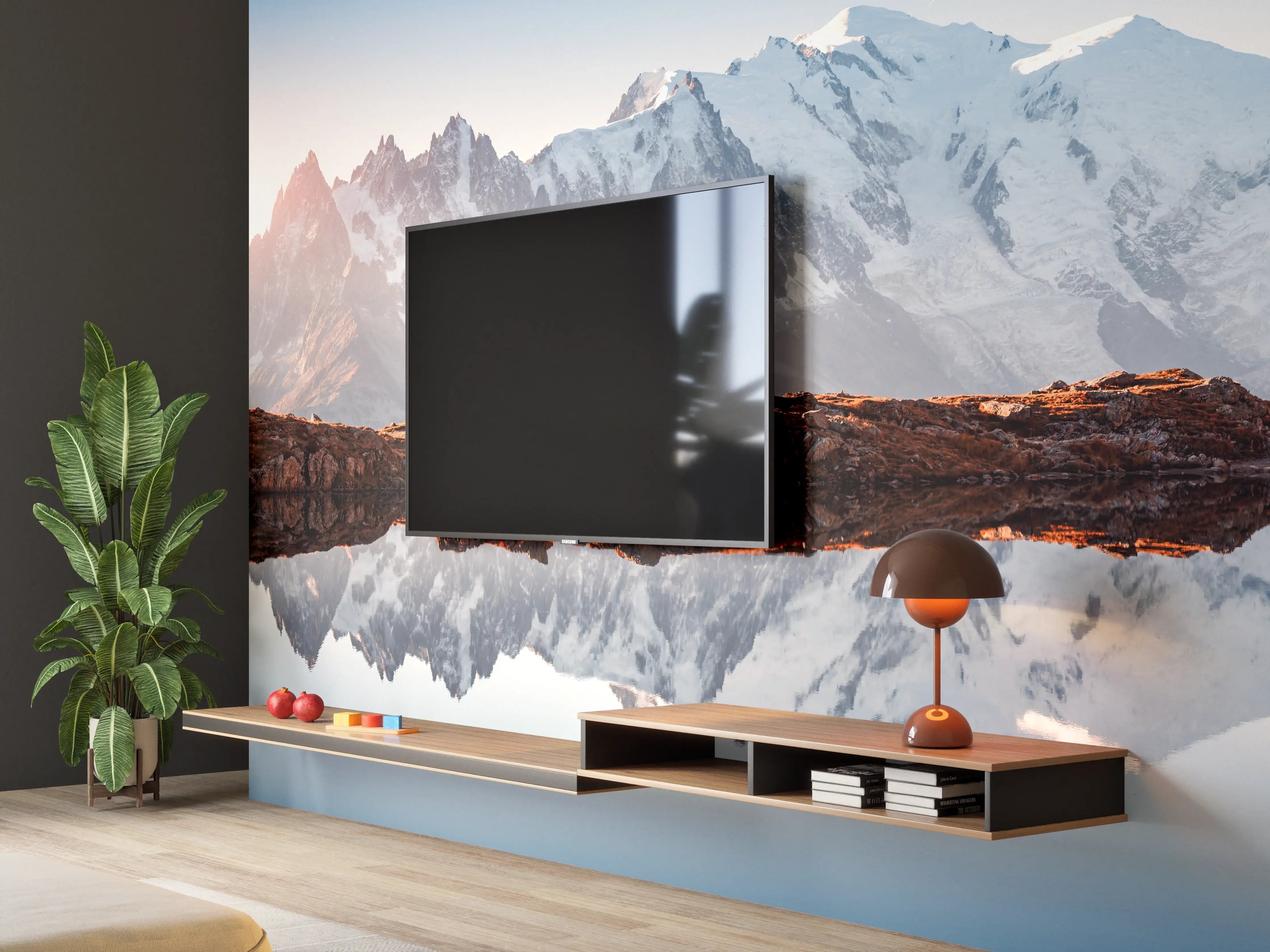 Wandverkleidung Wohnzimmer - Majestätische Bergkulisse mit klarer Wasserreflexion