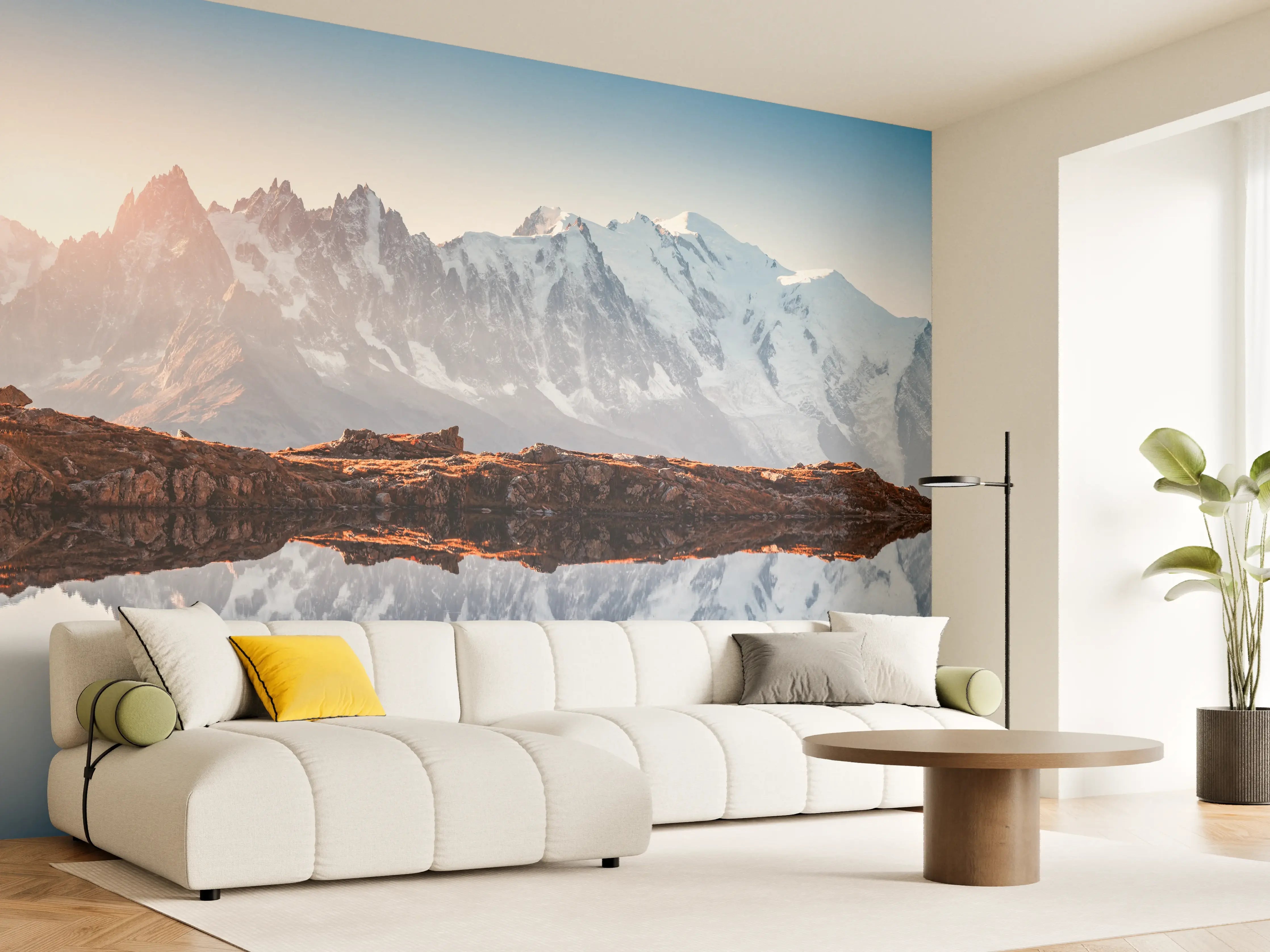 Wandverkleidung Wohnzimmer - Majestätische Bergkulisse mit klarer Wasserreflexion