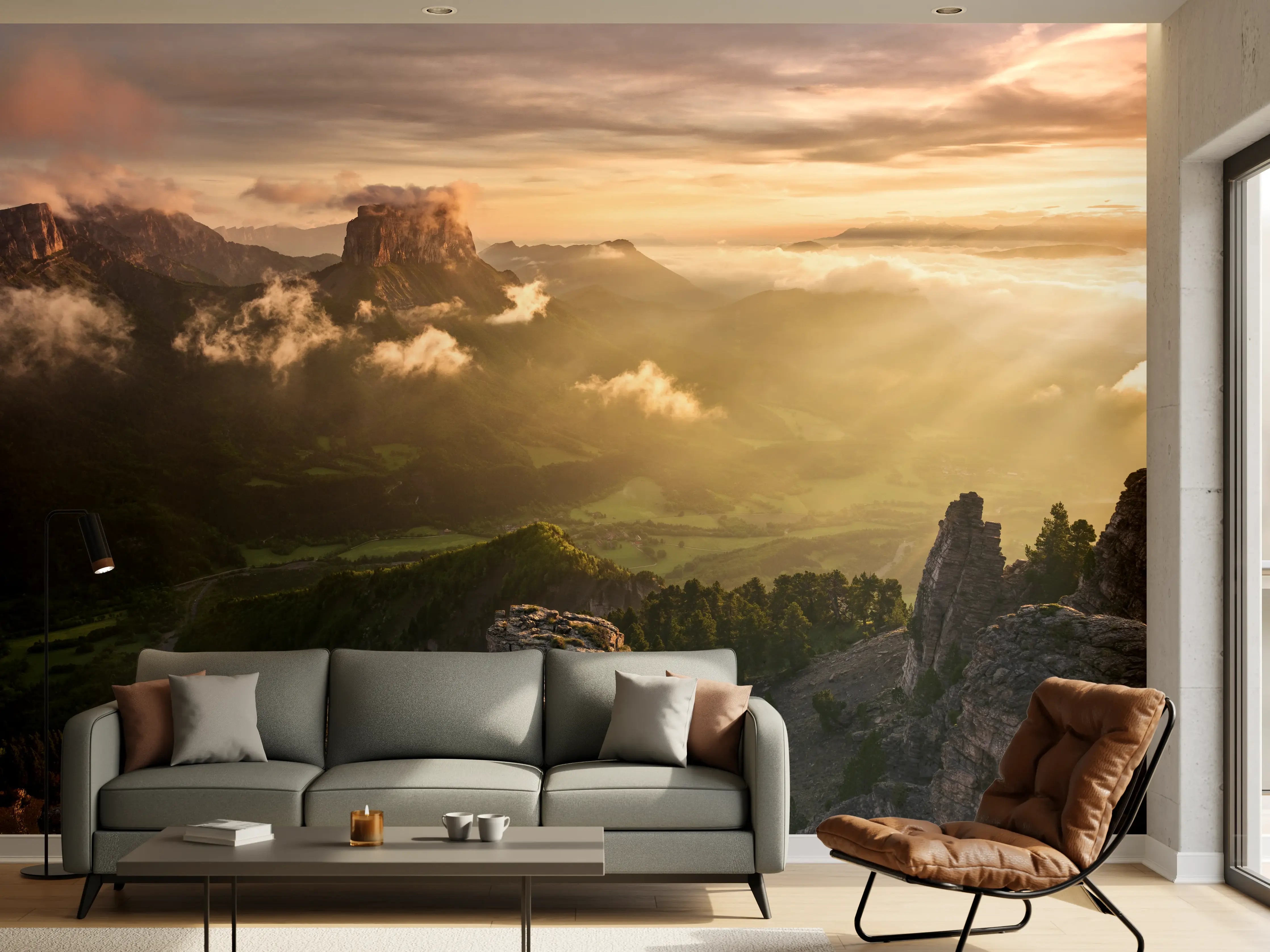Wandverkleidung Wohnzimmer - Majestätische Berglandschaft bei Sonnenaufgang