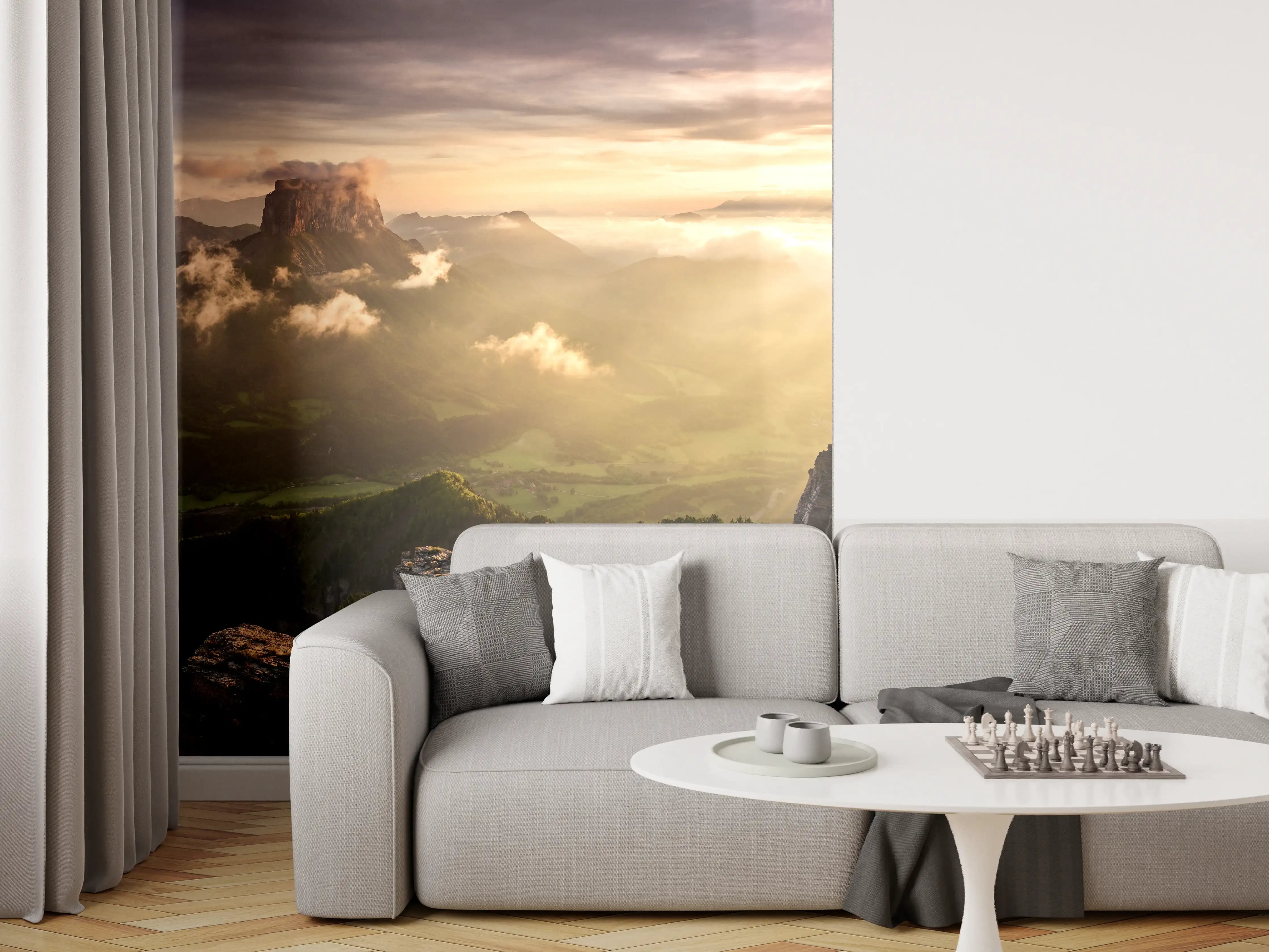 Wandverkleidung Wohnzimmer - Majestätische Berglandschaft bei Sonnenaufgang