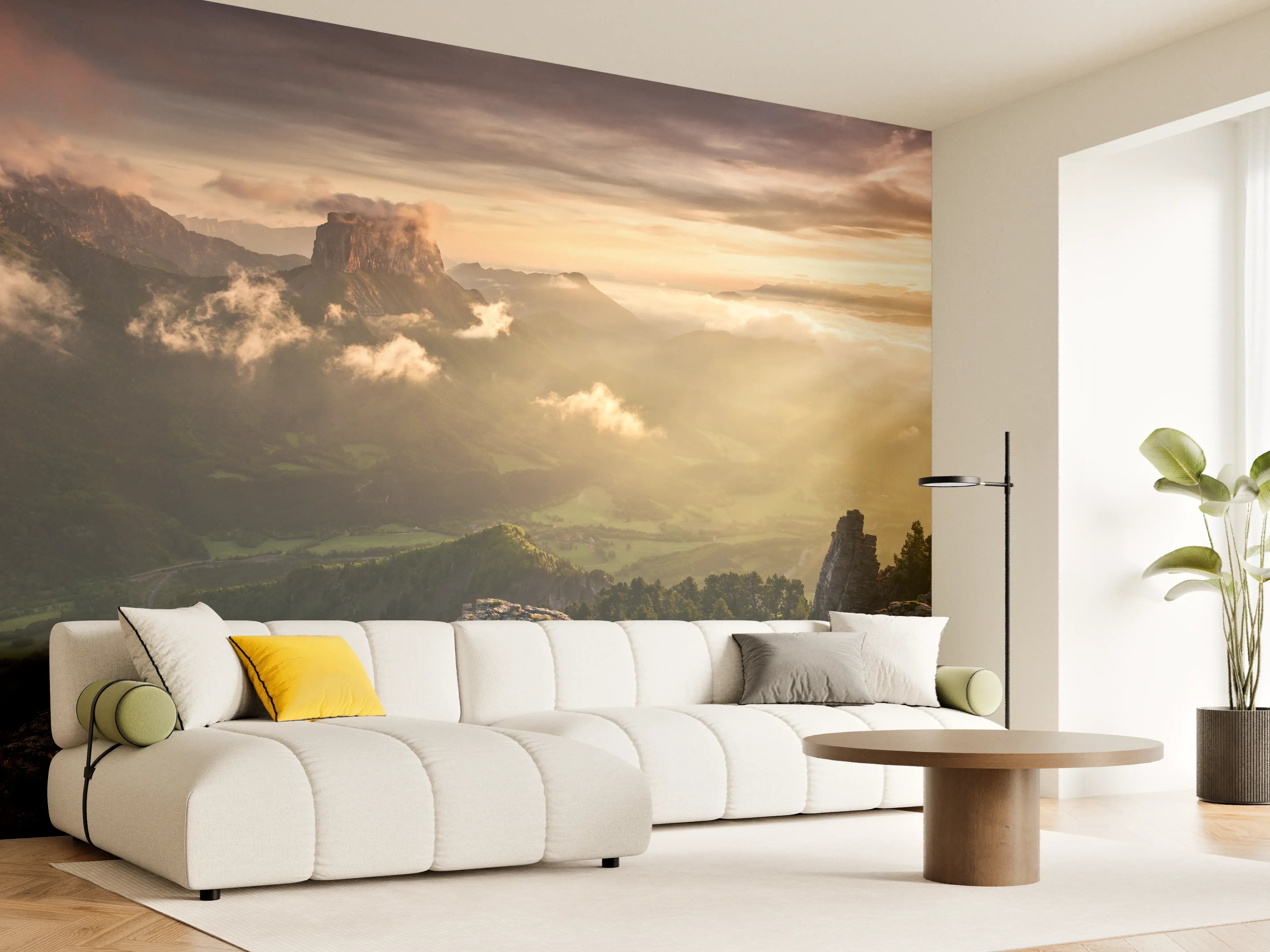 Wandverkleidung Wohnzimmer - Majestätische Berglandschaft bei Sonnenaufgang