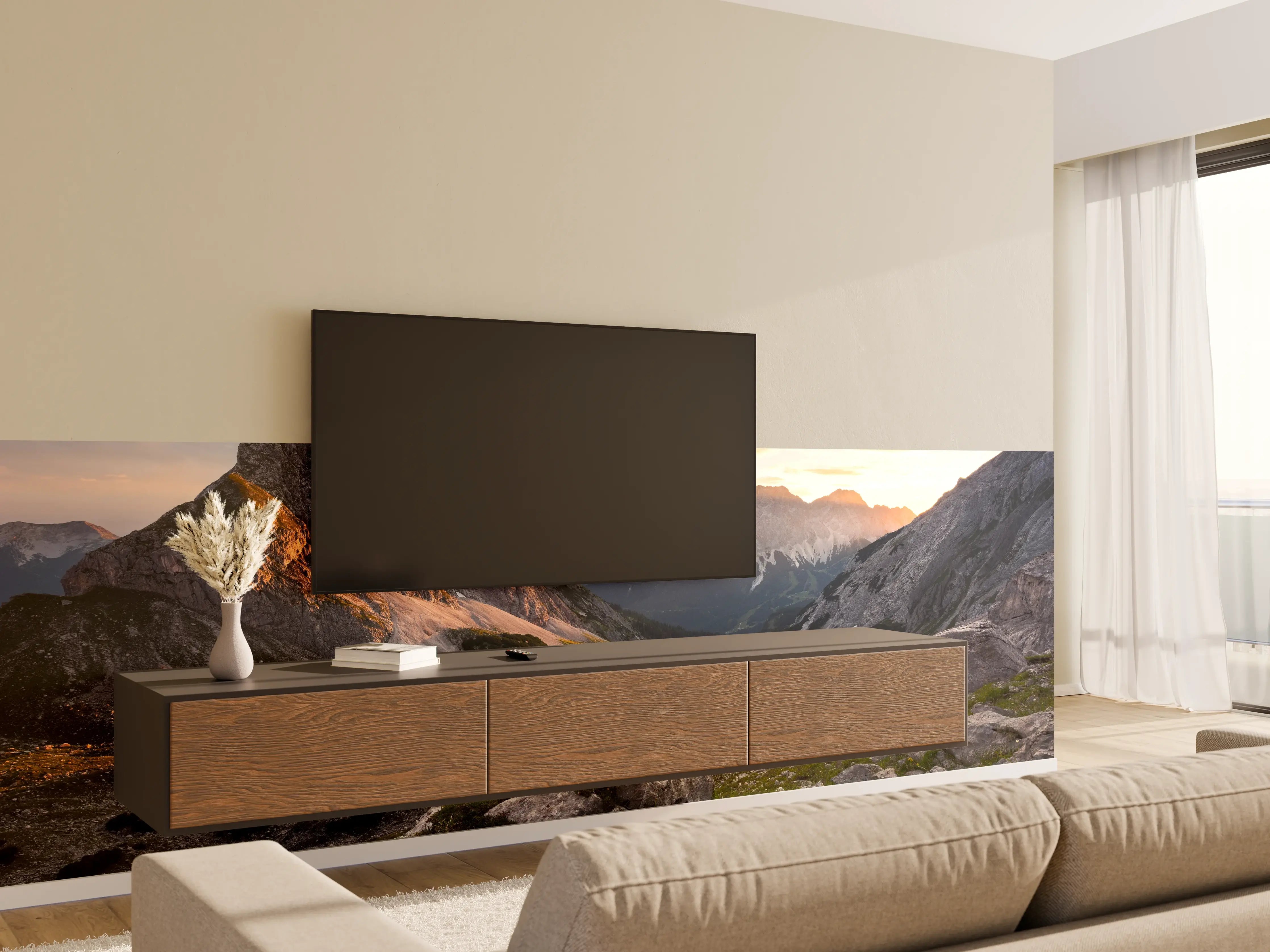 Wandverkleidung Wohnzimmer - Majestätische Berglandschaft im Sonnenuntergang