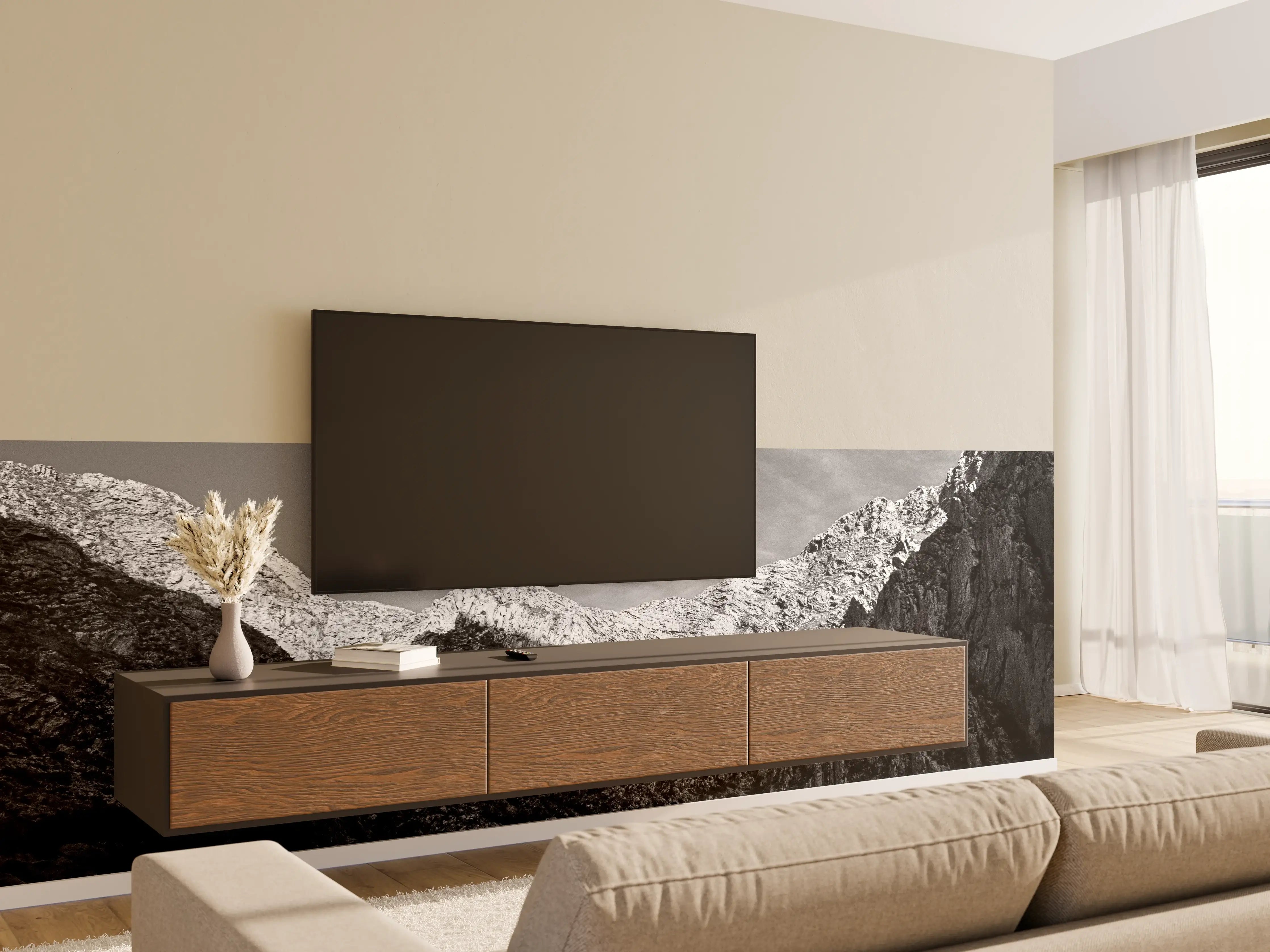 Wandverkleidung Wohnzimmer - Majestätische Berglandschaft in Schwarz-Weiß