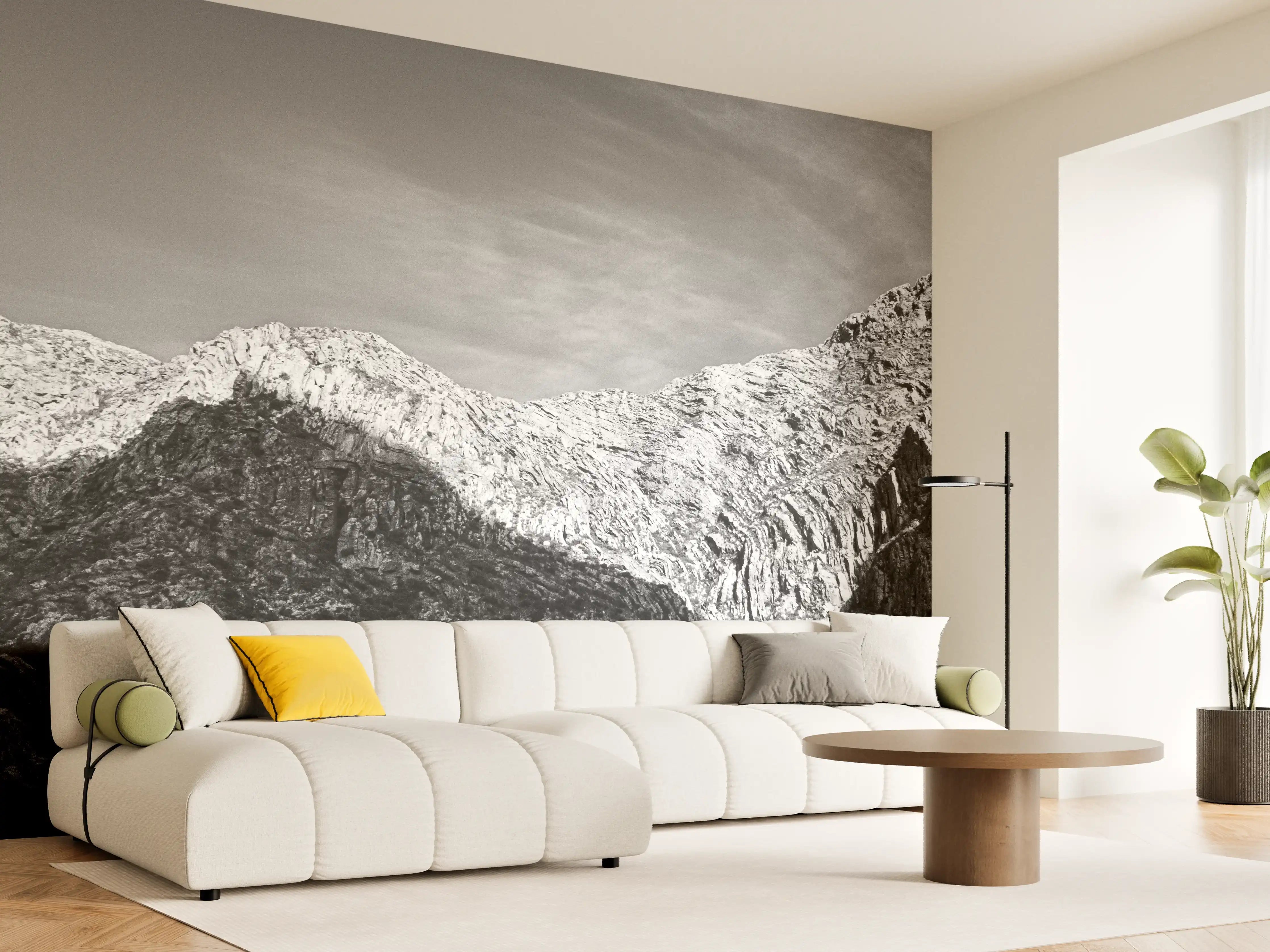 Wandverkleidung Wohnzimmer - Majestätische Berglandschaft in Schwarz-Weiß