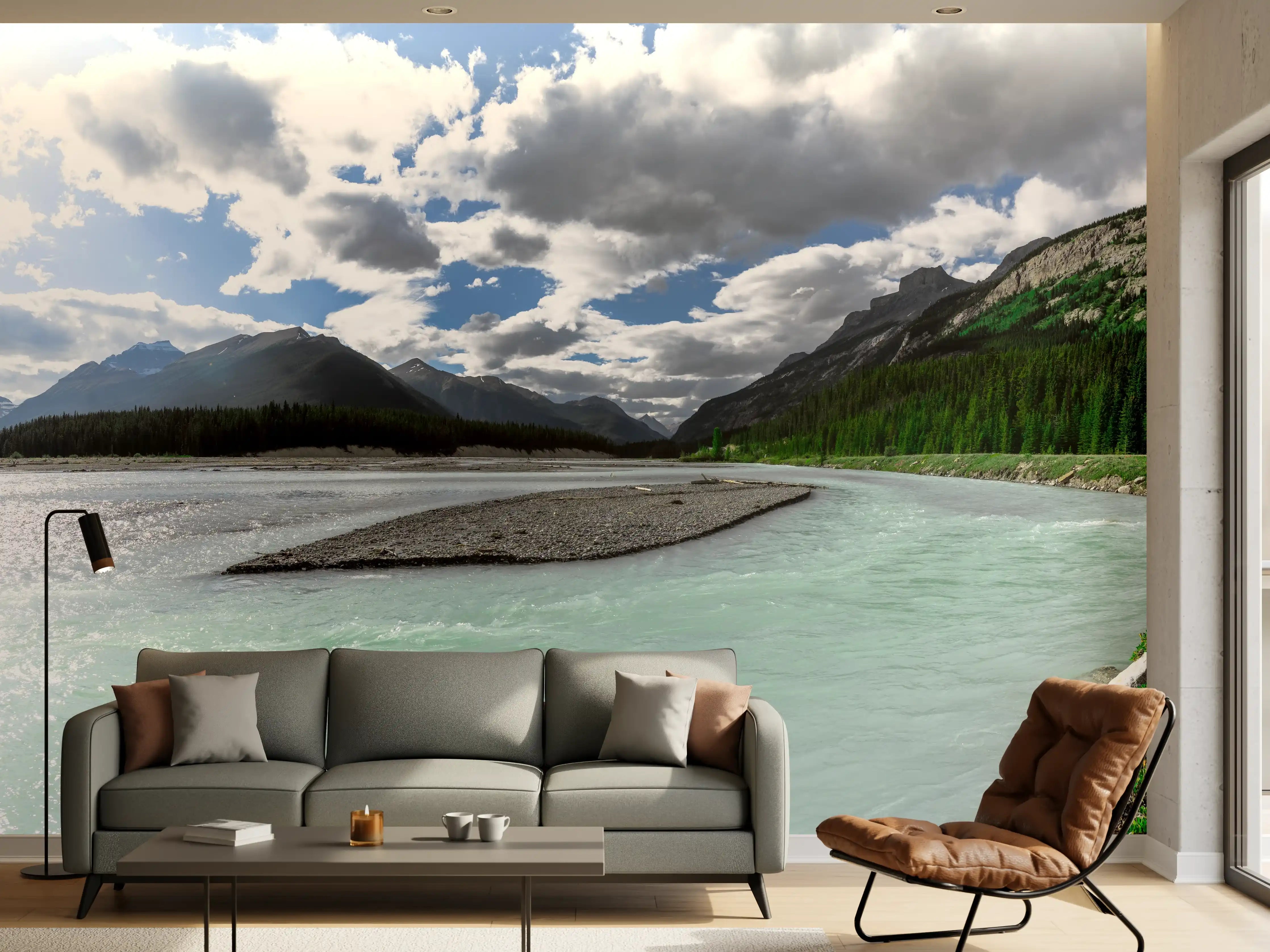 Wandverkleidung Wohnzimmer - Majestätische Berglandschaft mit Fluss