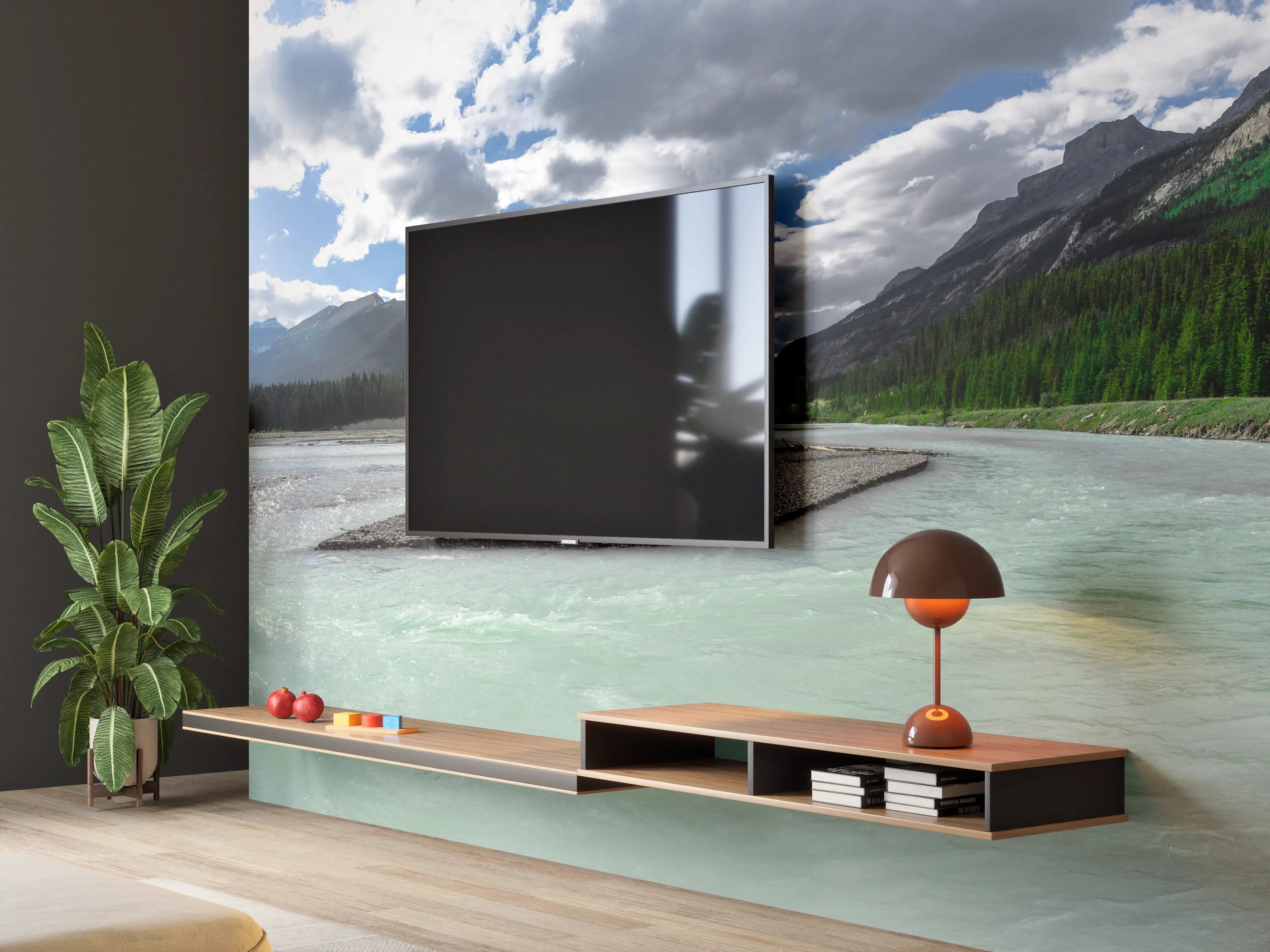 Wandverkleidung Wohnzimmer - Majestätische Berglandschaft mit Fluss