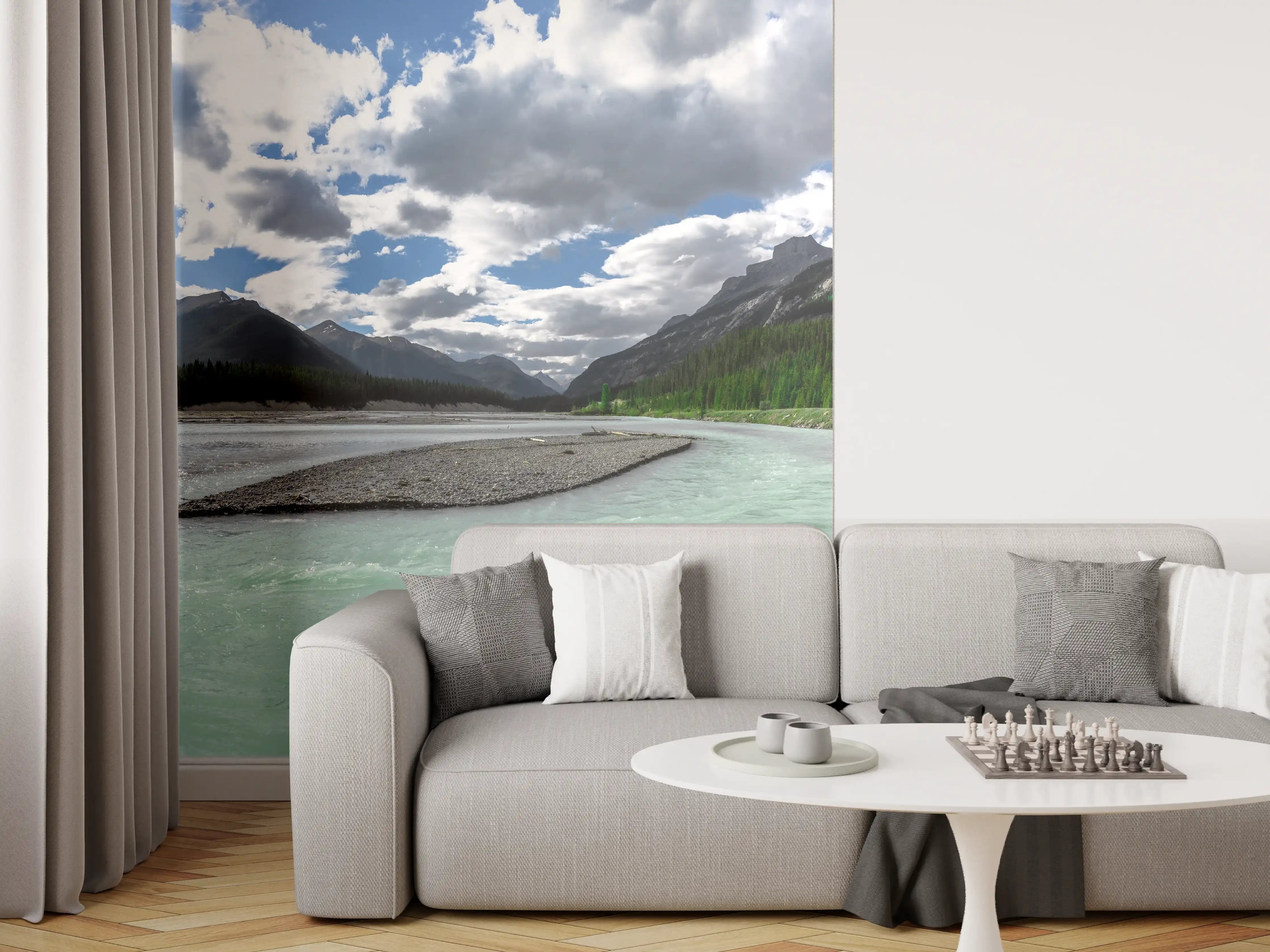 Wandverkleidung Wohnzimmer - Majestätische Berglandschaft mit Fluss