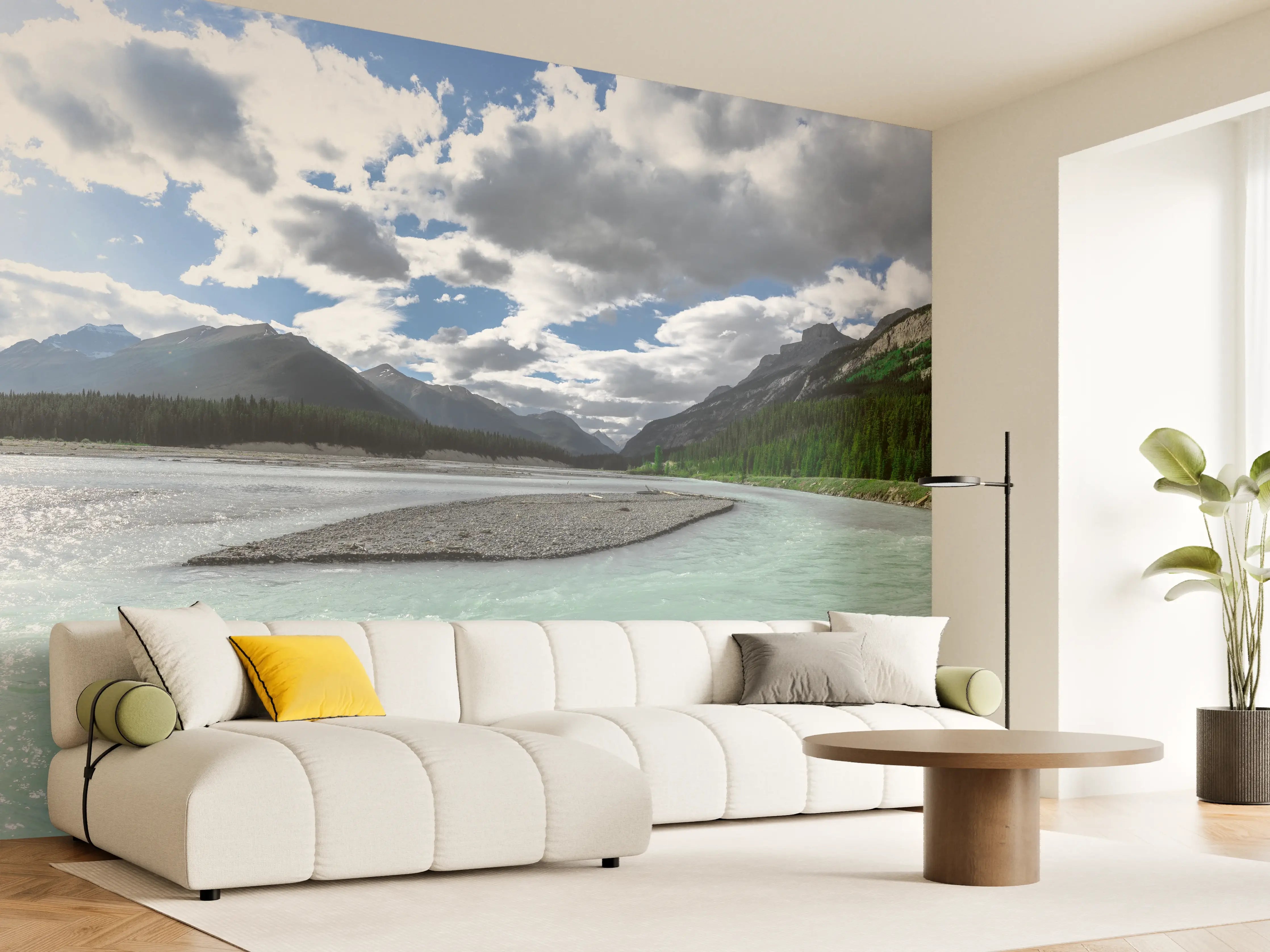 Wandverkleidung Wohnzimmer - Majestätische Berglandschaft mit Fluss