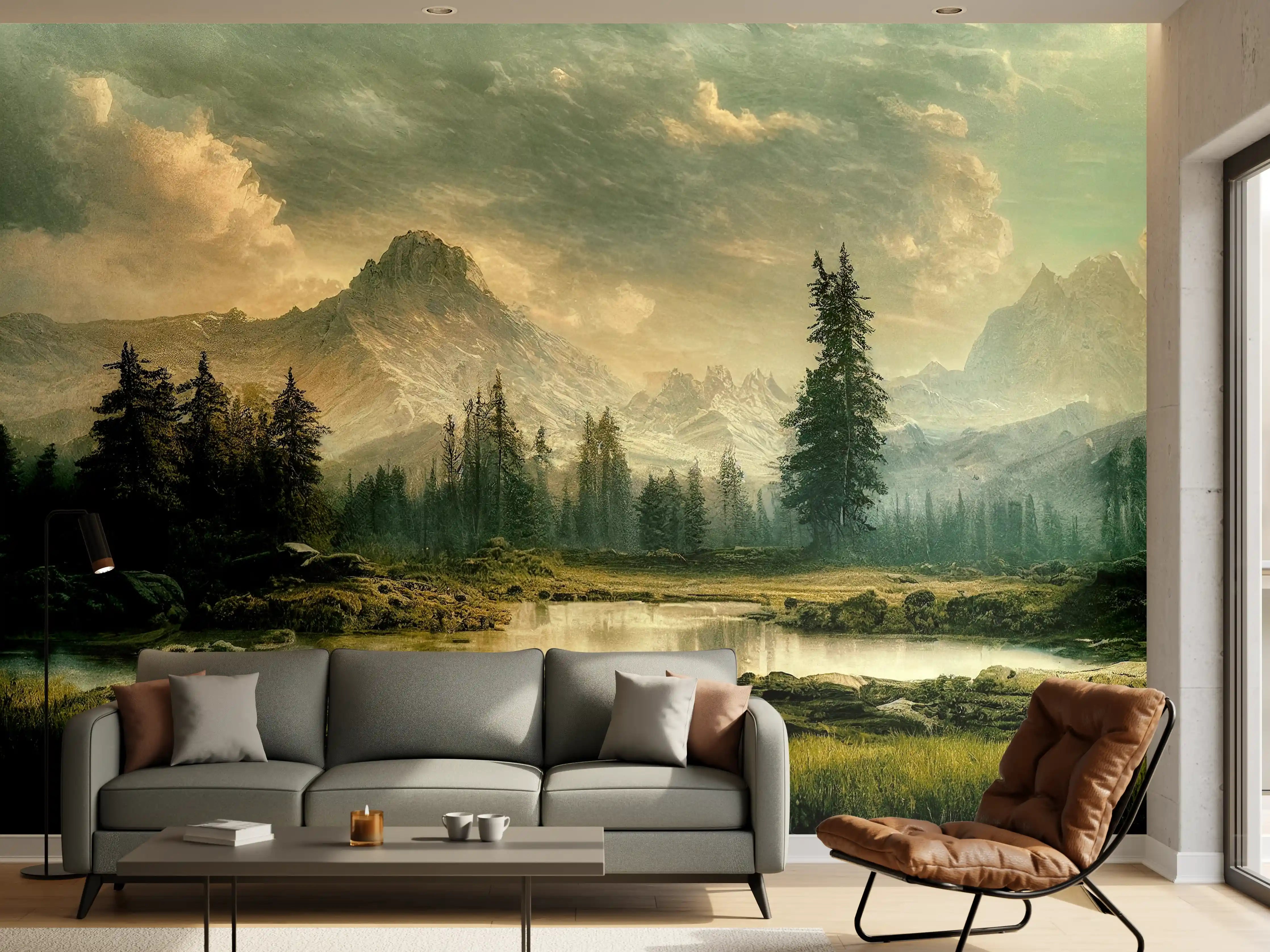 Wandverkleidung Wohnzimmer - Majestätische Berglandschaft mit See und Wäldern