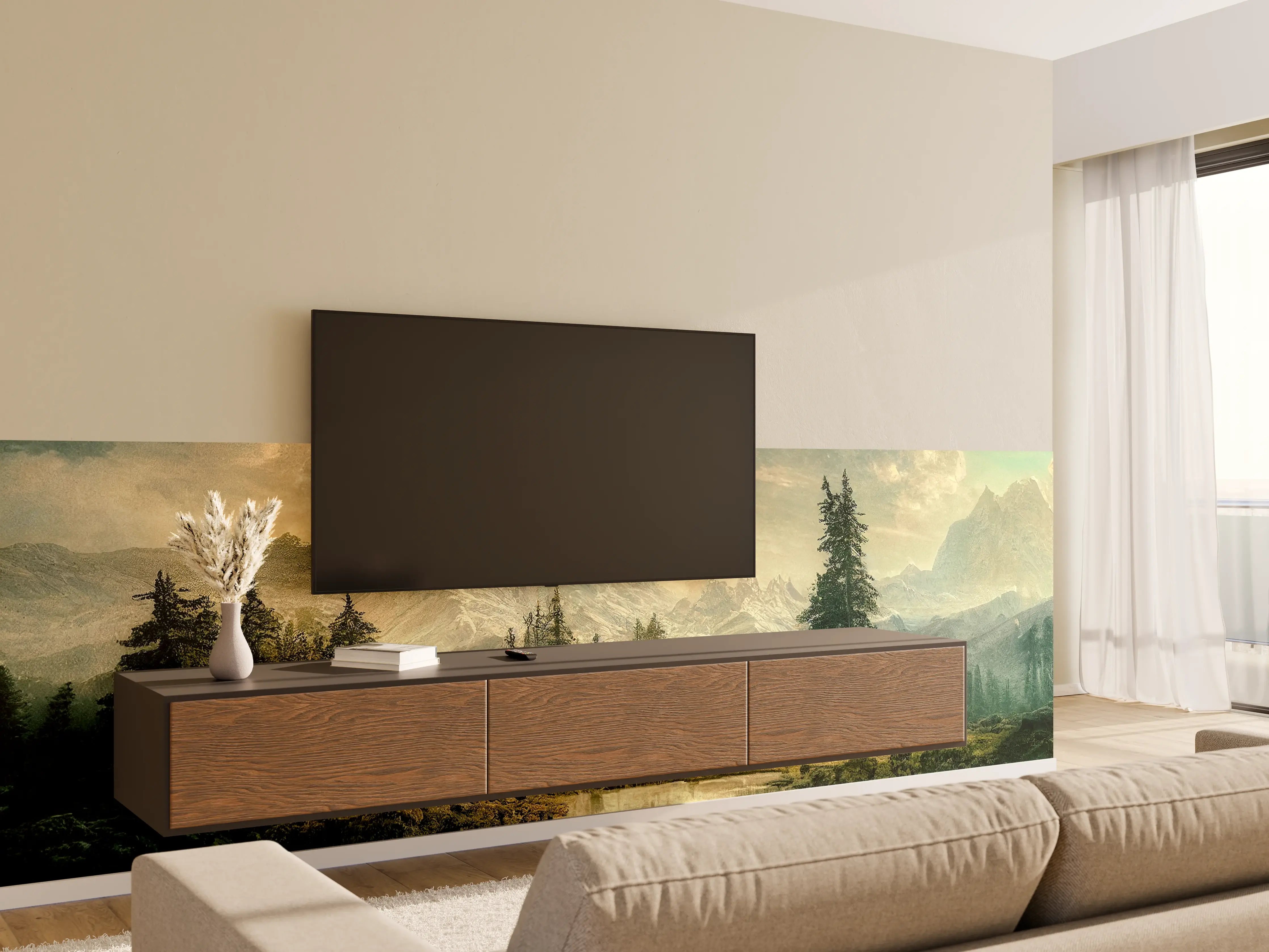 Wandverkleidung Wohnzimmer - Majestätische Berglandschaft mit See und Wäldern