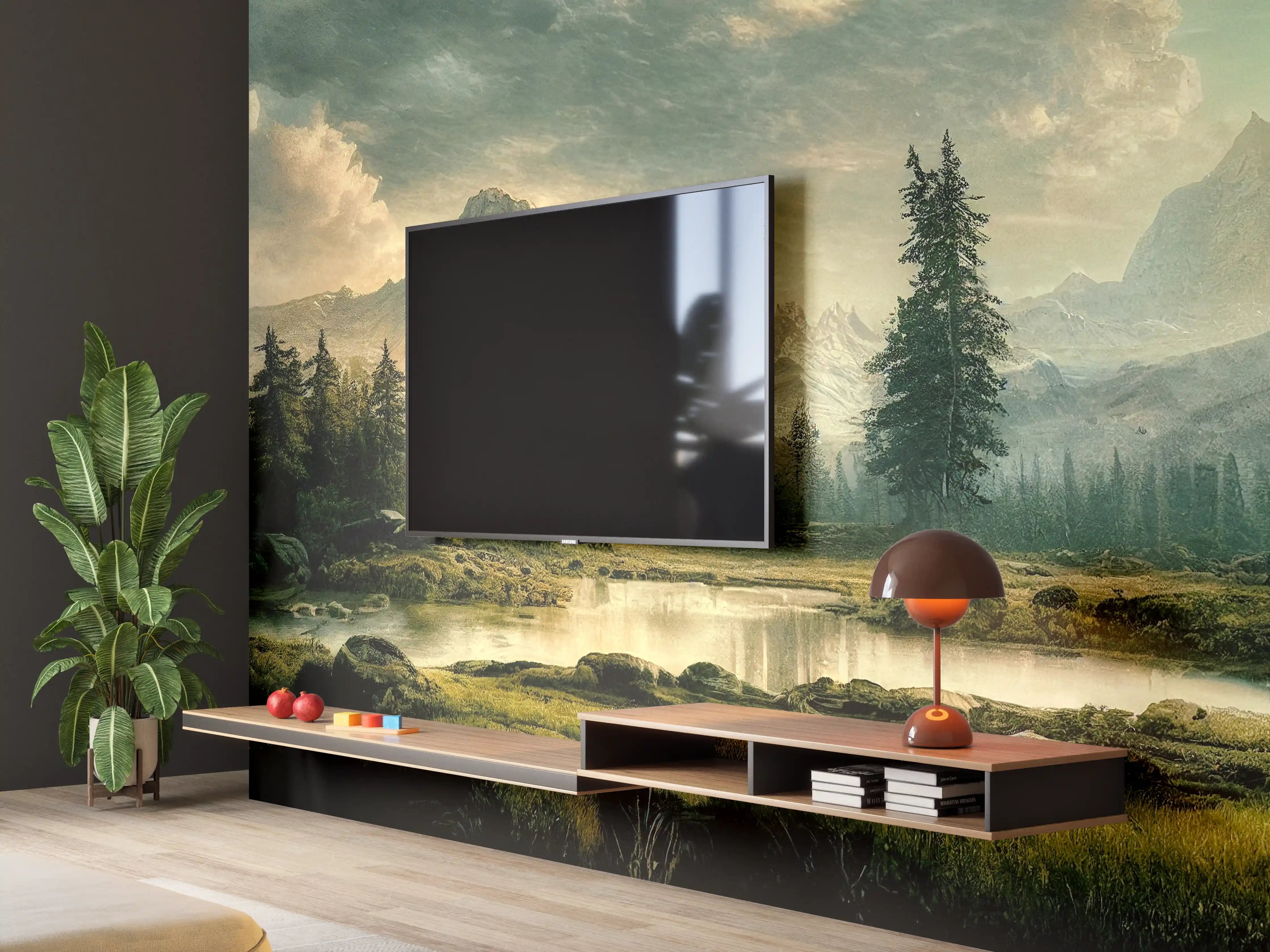 Wandverkleidung Wohnzimmer - Majestätische Berglandschaft mit See und Wäldern