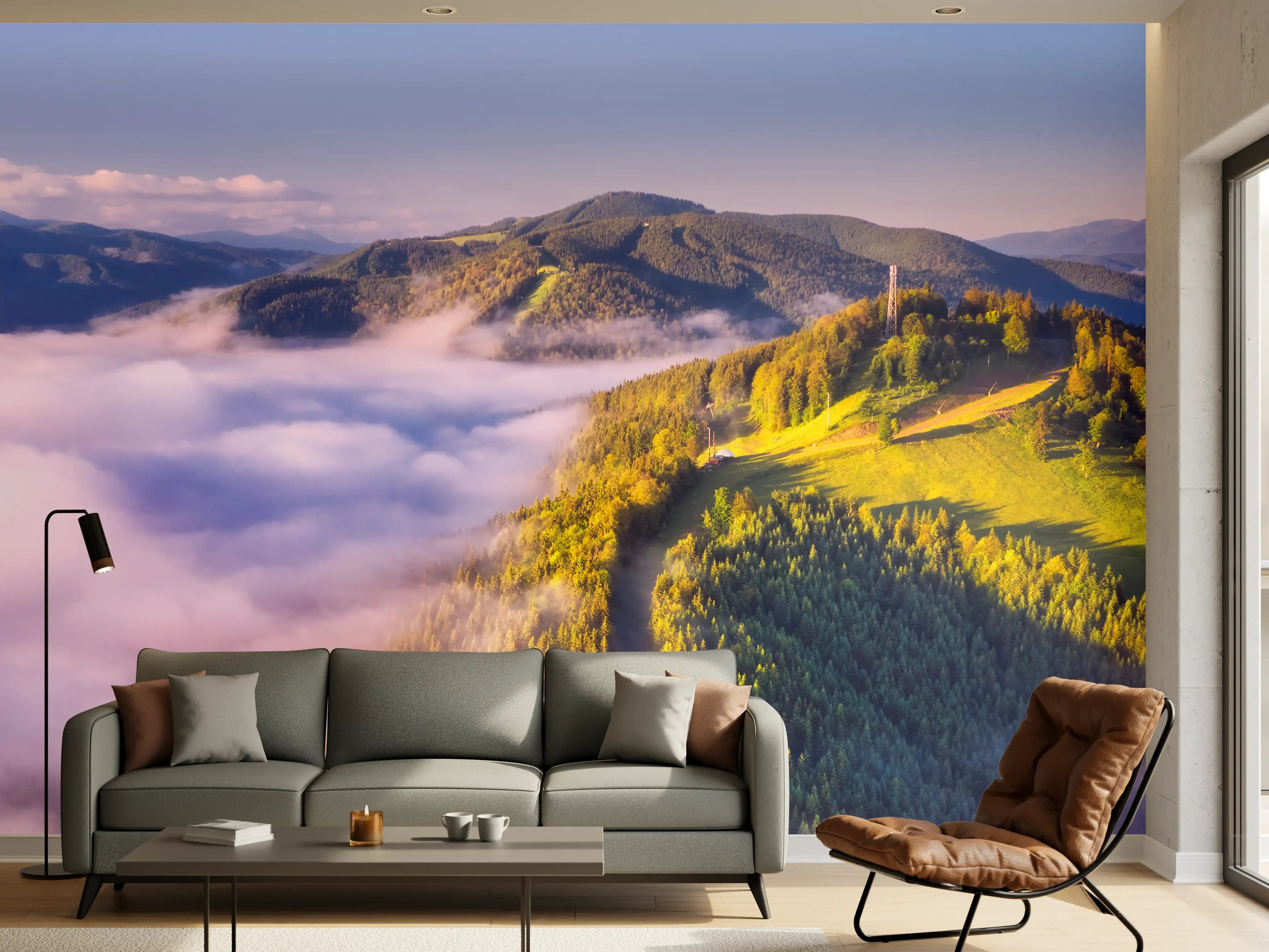 Wandverkleidung Wohnzimmer - Majestätische Berglandschaft mit Wolkenmeer