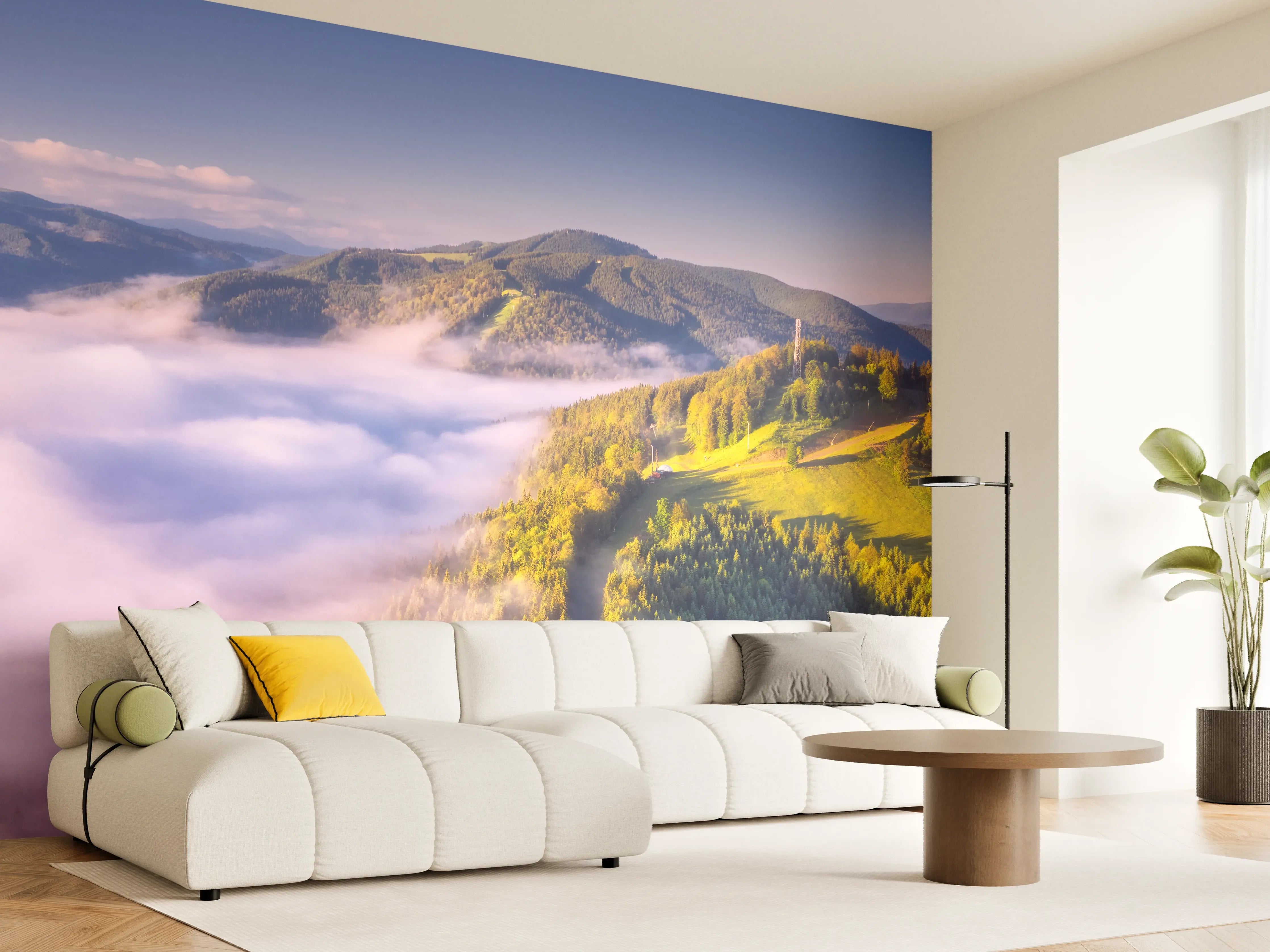 Wandverkleidung Wohnzimmer - Majestätische Berglandschaft mit Wolkenmeer