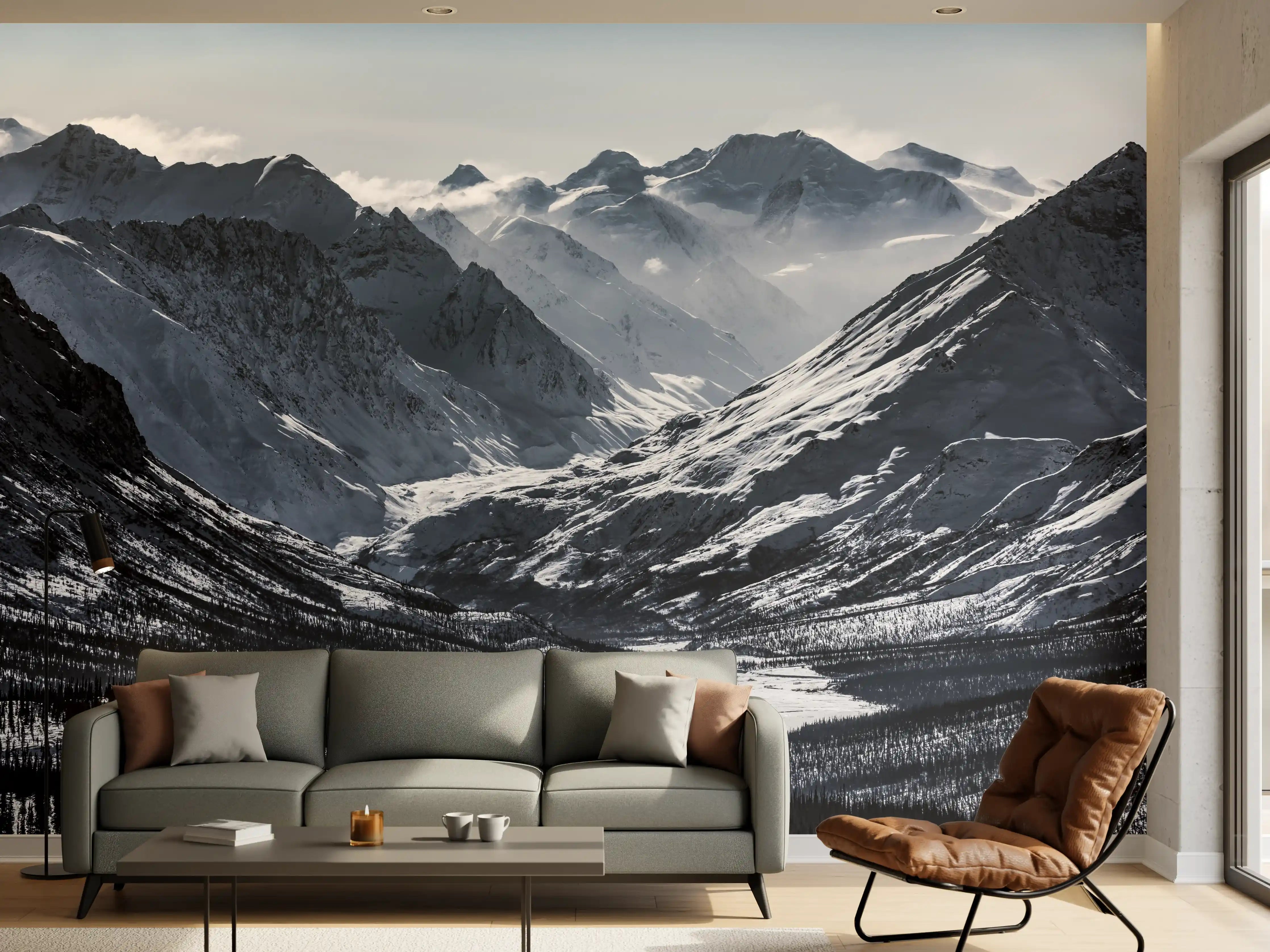 Wandverkleidung Wohnzimmer - Majestätische Berglandschaft mit schneebedeckten Gipfeln
