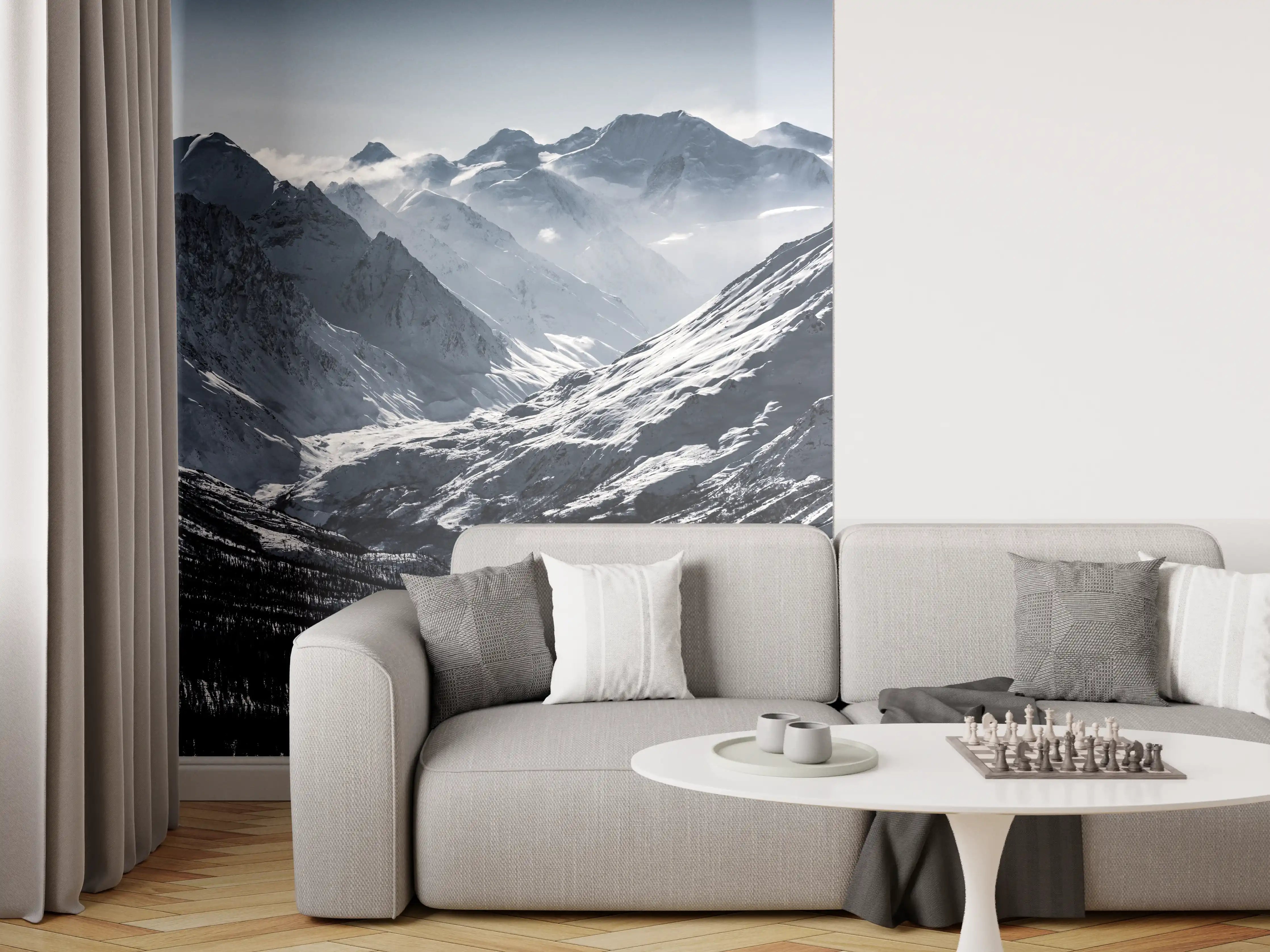 Wandverkleidung Wohnzimmer - Majestätische Berglandschaft mit schneebedeckten Gipfeln