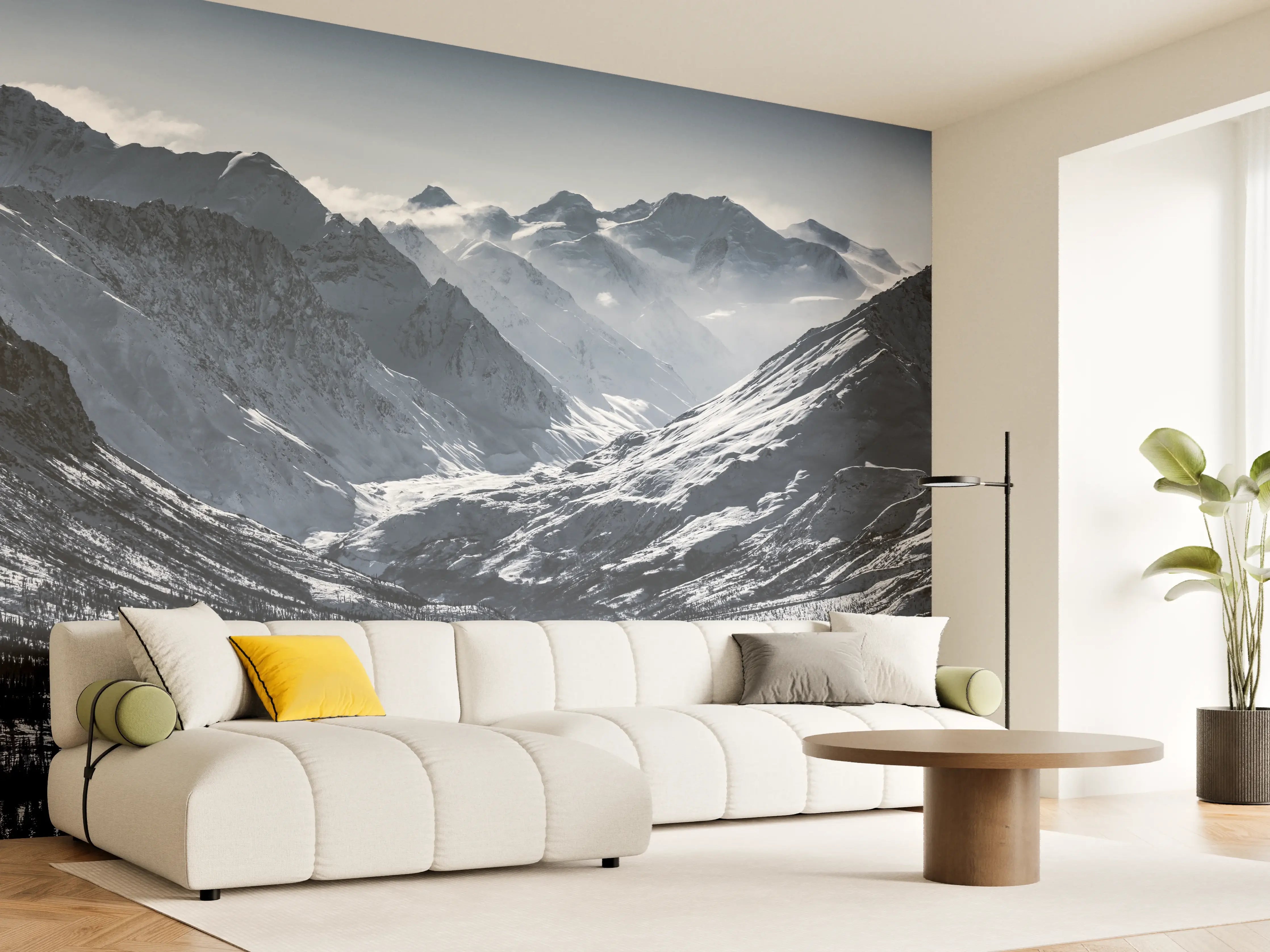 Wandverkleidung Wohnzimmer - Majestätische Berglandschaft mit schneebedeckten Gipfeln