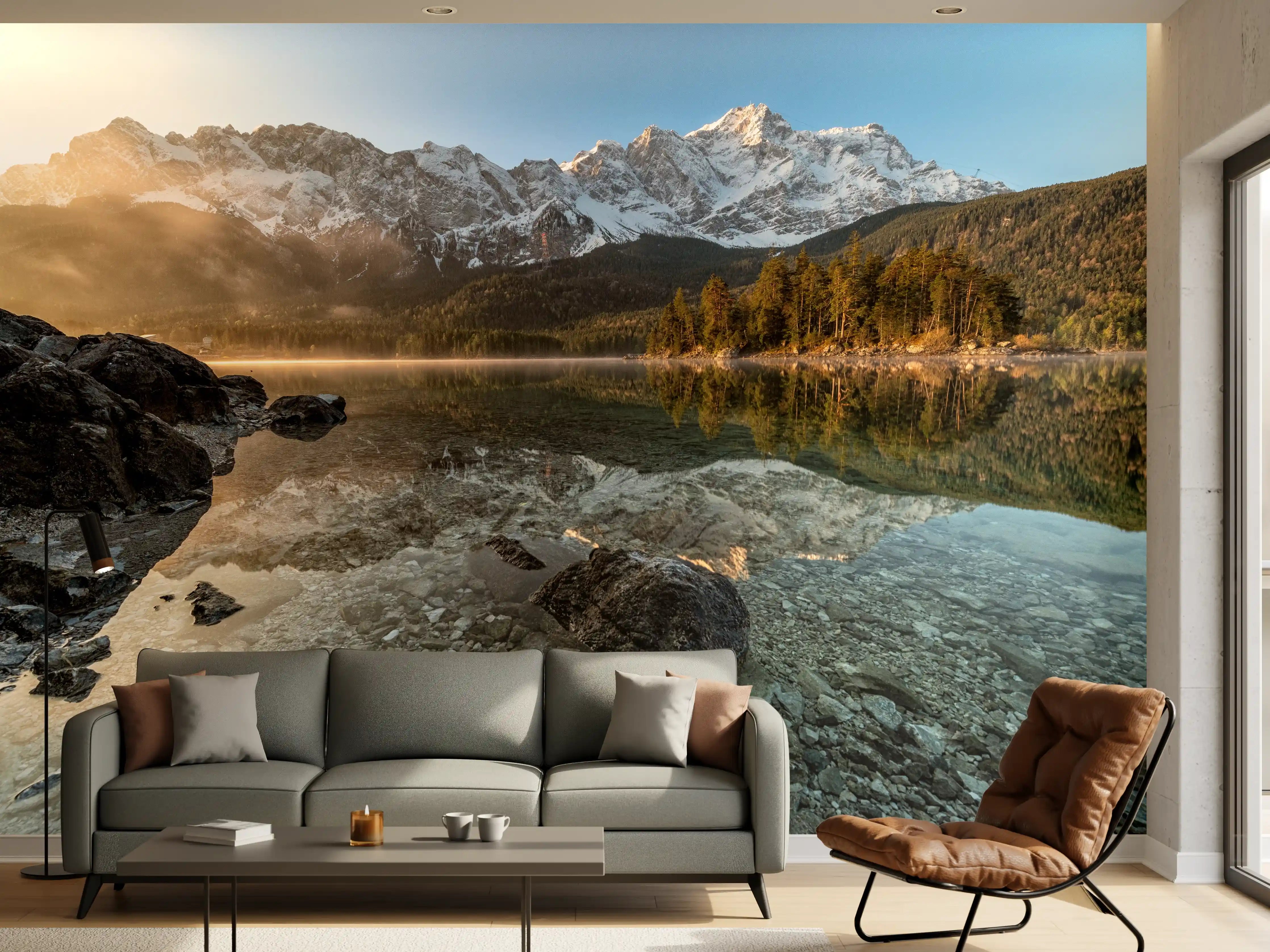 Wandverkleidung Wohnzimmer - Majestätische Bergwelt am ruhigen See