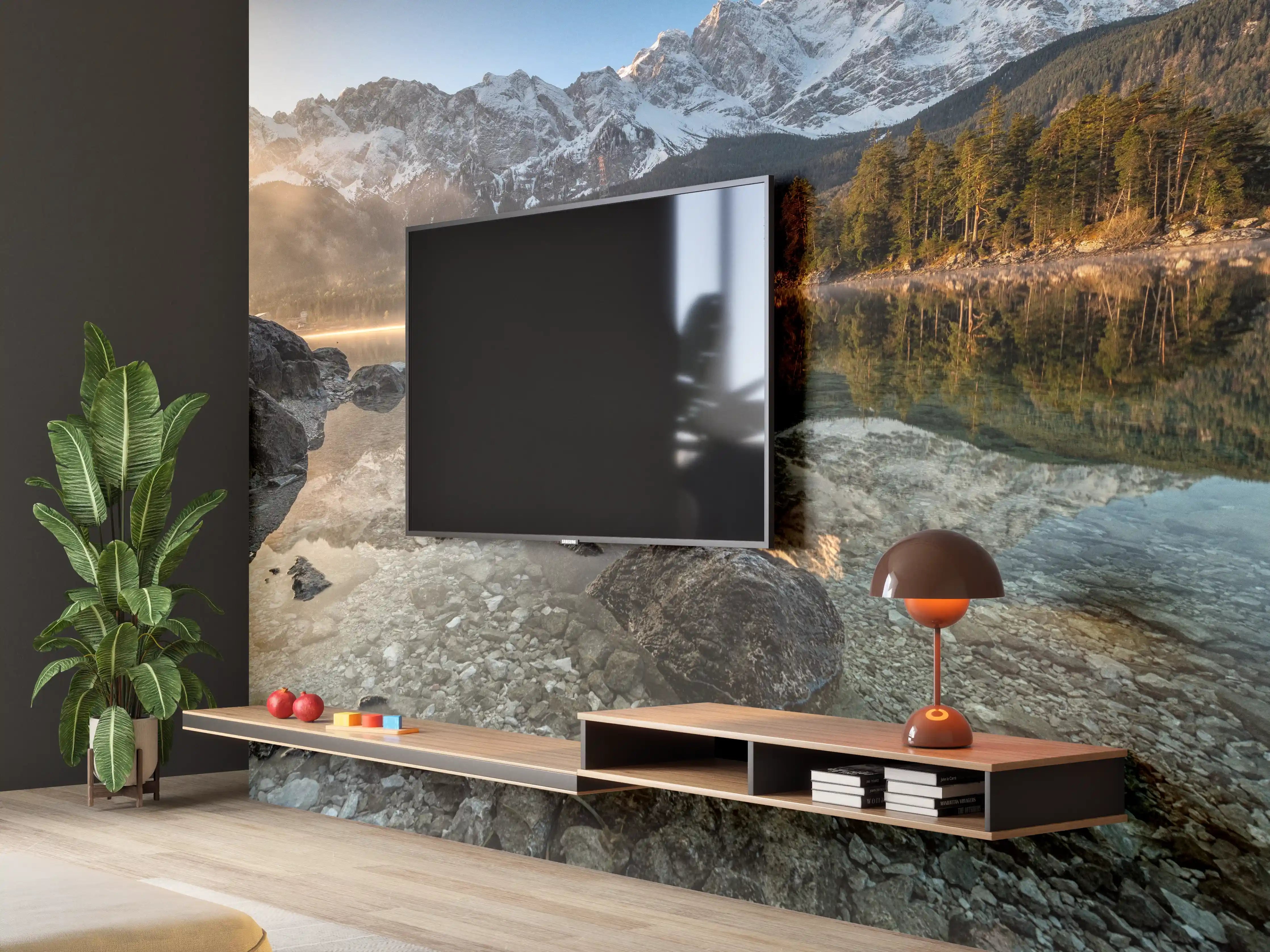 Wandverkleidung Wohnzimmer - Majestätische Bergwelt am ruhigen See