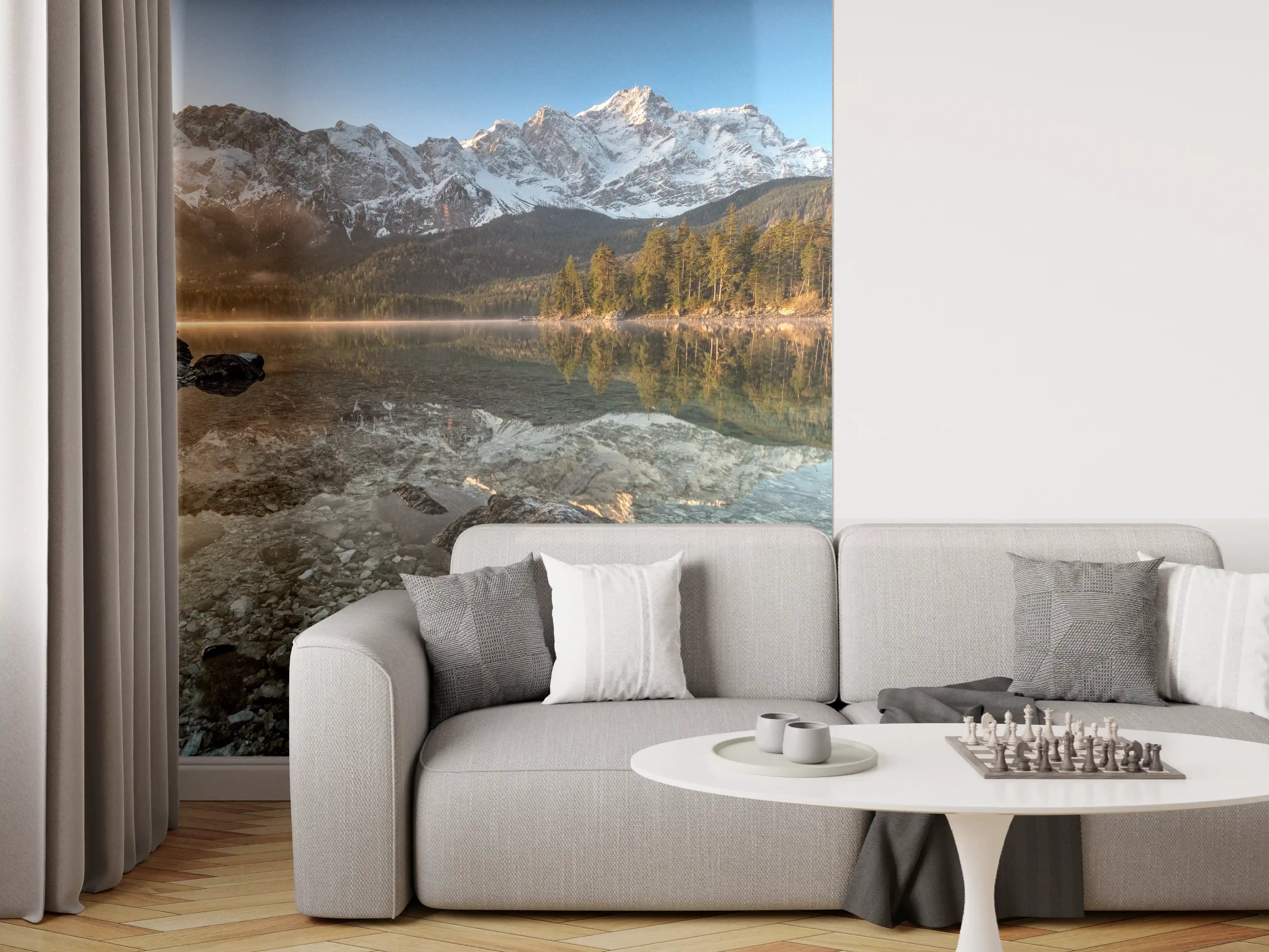 Wandverkleidung Wohnzimmer - Majestätische Bergwelt am ruhigen See
