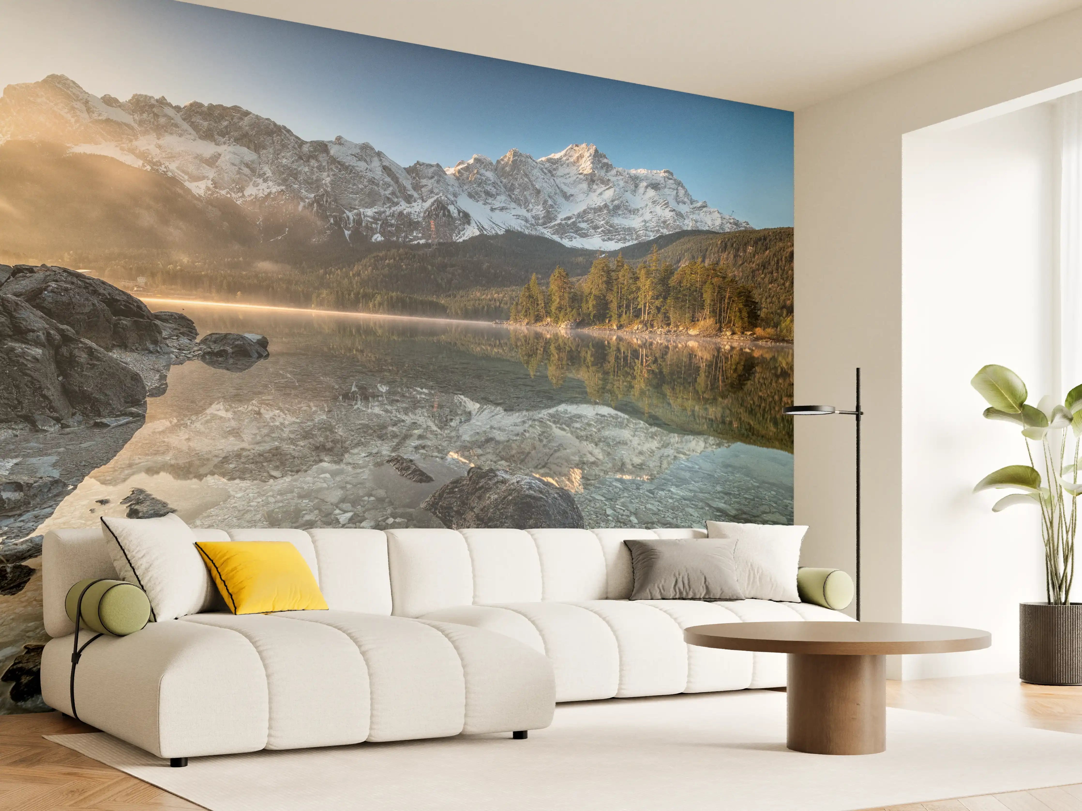 Wandverkleidung Wohnzimmer - Majestätische Bergwelt am ruhigen See