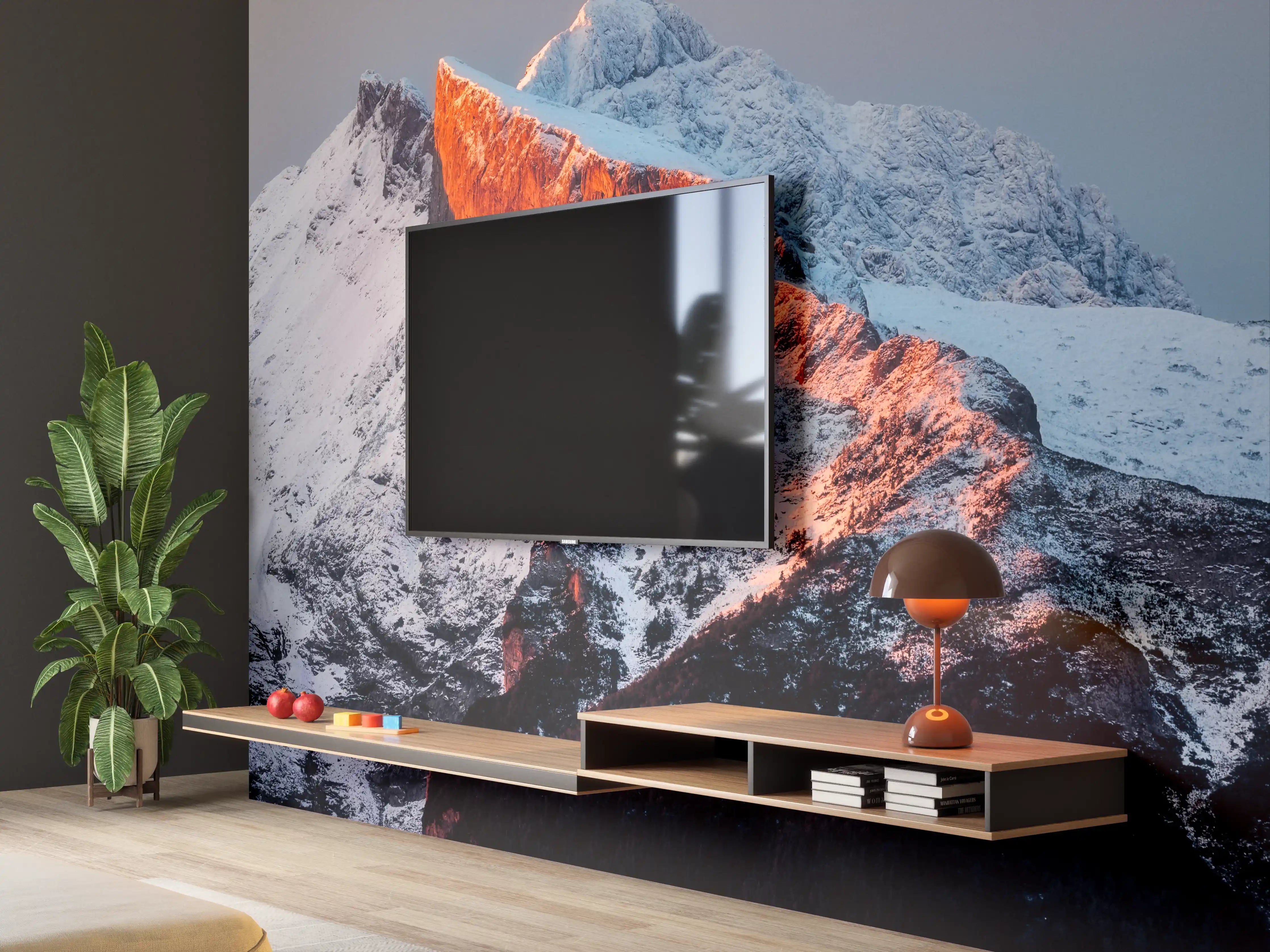 Wandverkleidung Wohnzimmer - Majestätische Bergwelt bei Sonnenuntergang
