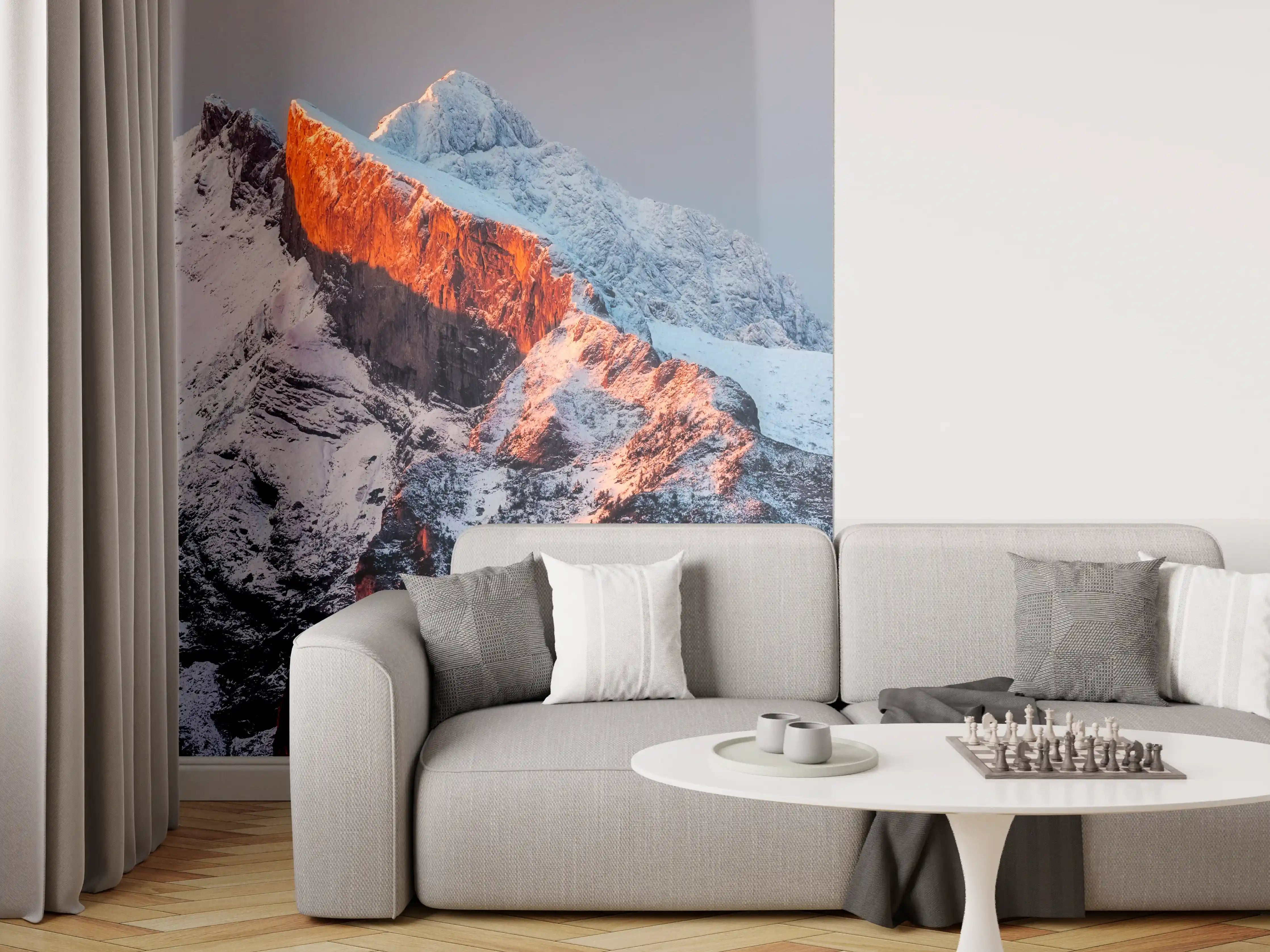 Wandverkleidung Wohnzimmer - Majestätische Bergwelt bei Sonnenuntergang