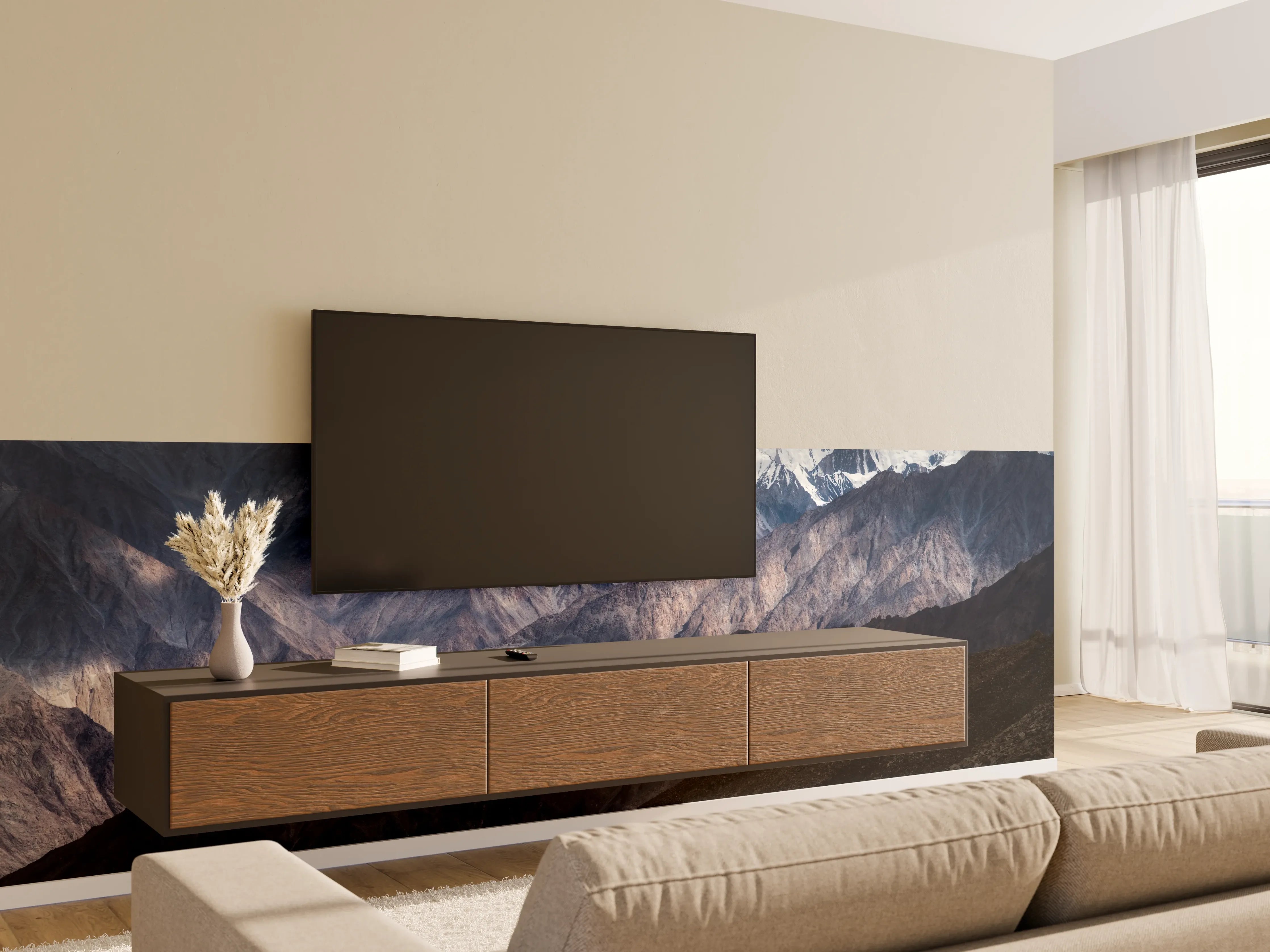 Wandverkleidung Wohnzimmer - Majestätische Bergwelt in nebliger Atmosphäre