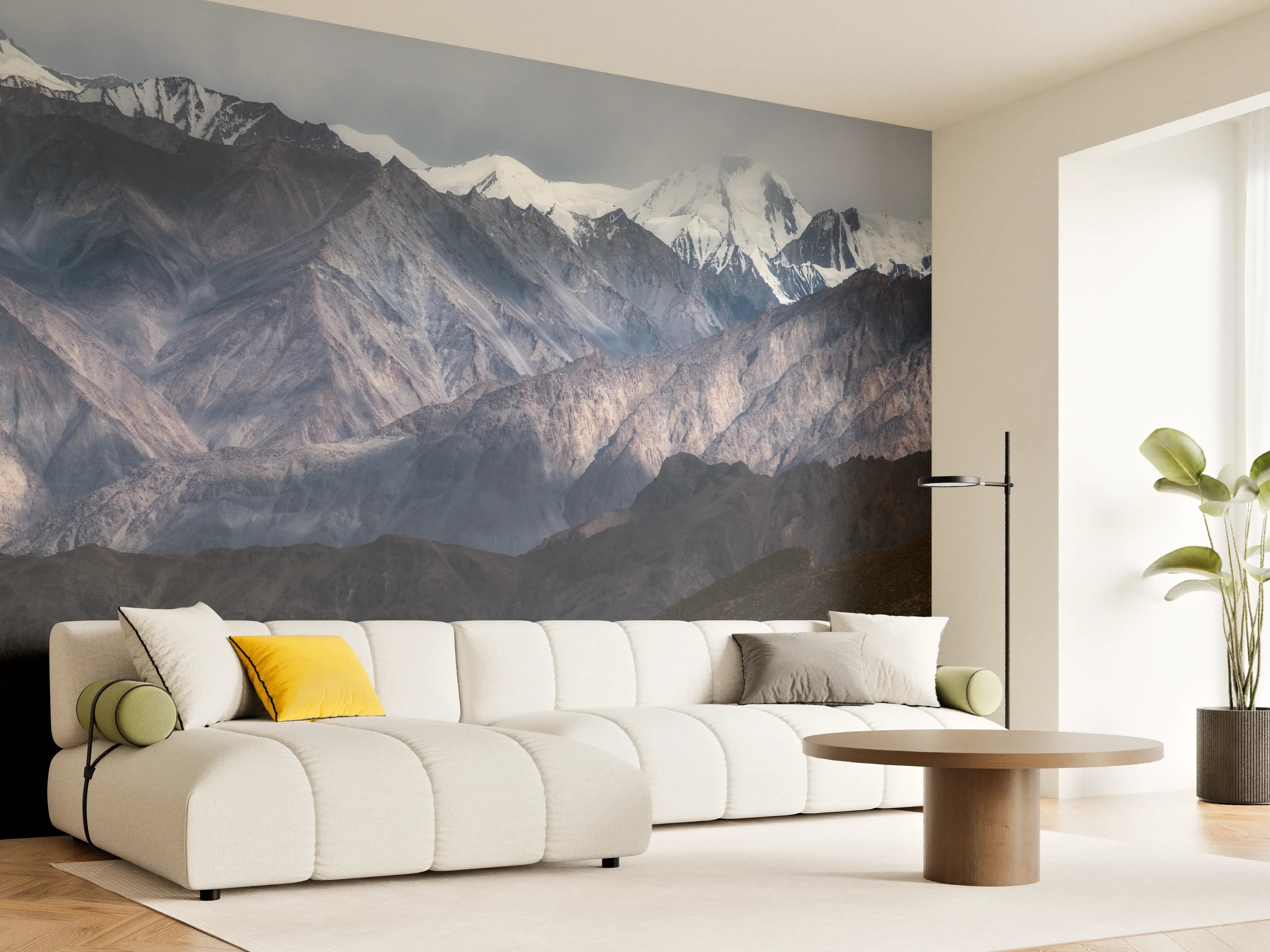 Wandverkleidung Wohnzimmer - Majestätische Bergwelt in nebliger Atmosphäre