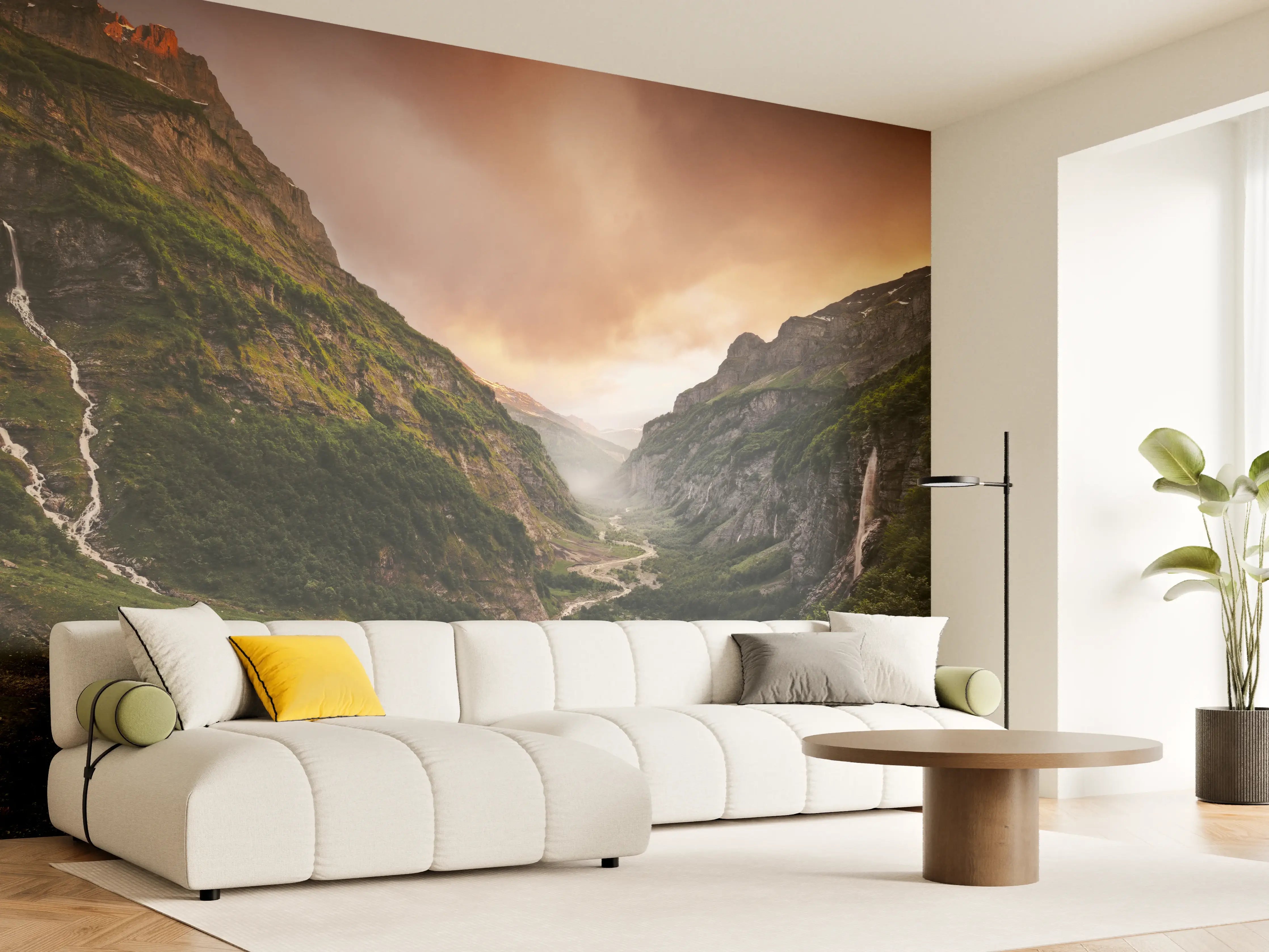 Wandverkleidung Wohnzimmer - Majestätische Wasserfälle inmitten eines Tals