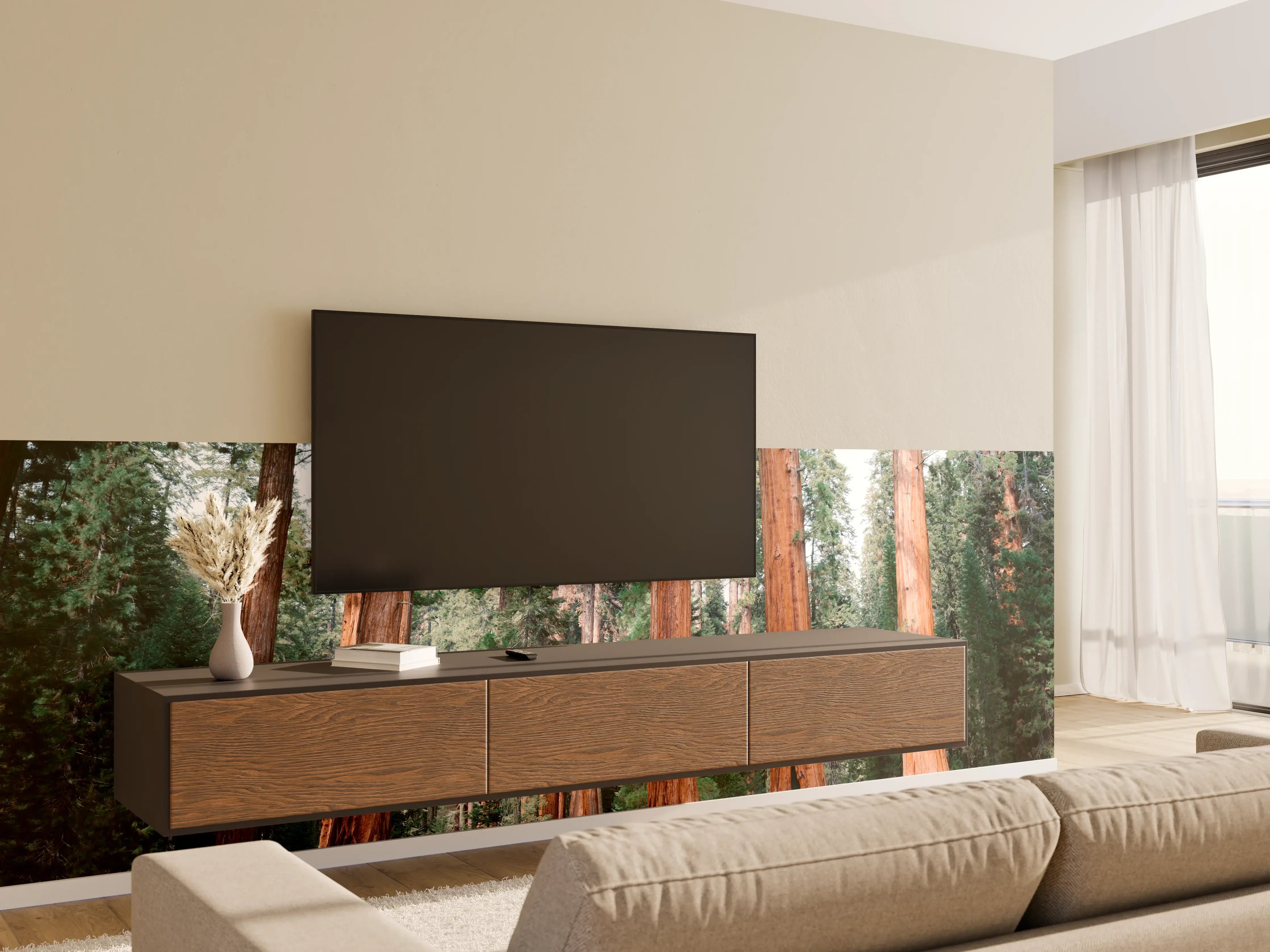 Wandverkleidung Wohnzimmer - Majestätische rotewood Bäume in Naturkulisse