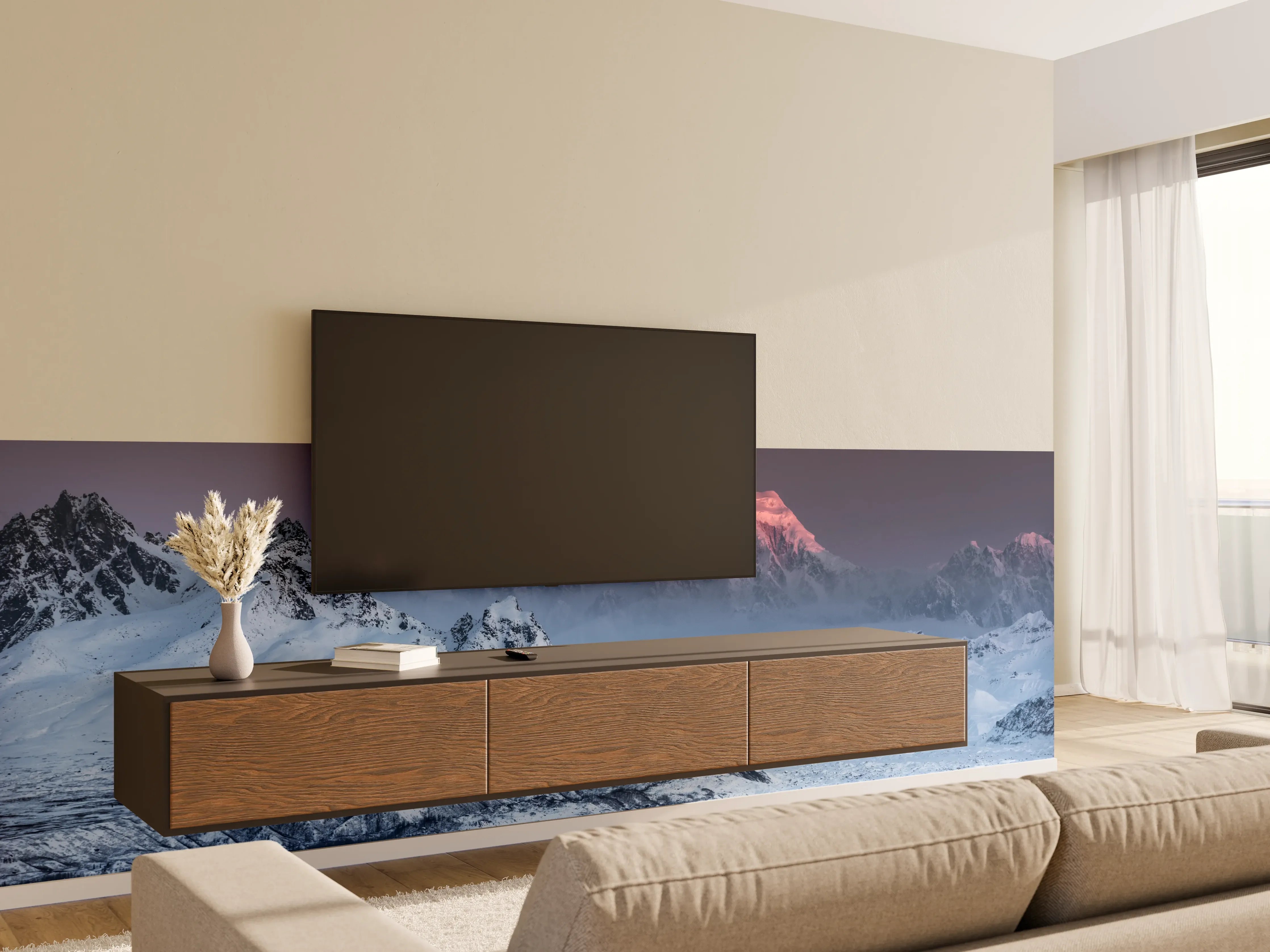 Wandverkleidung Wohnzimmer - Majestätische verschneite Berge bei Sonnenuntergang
