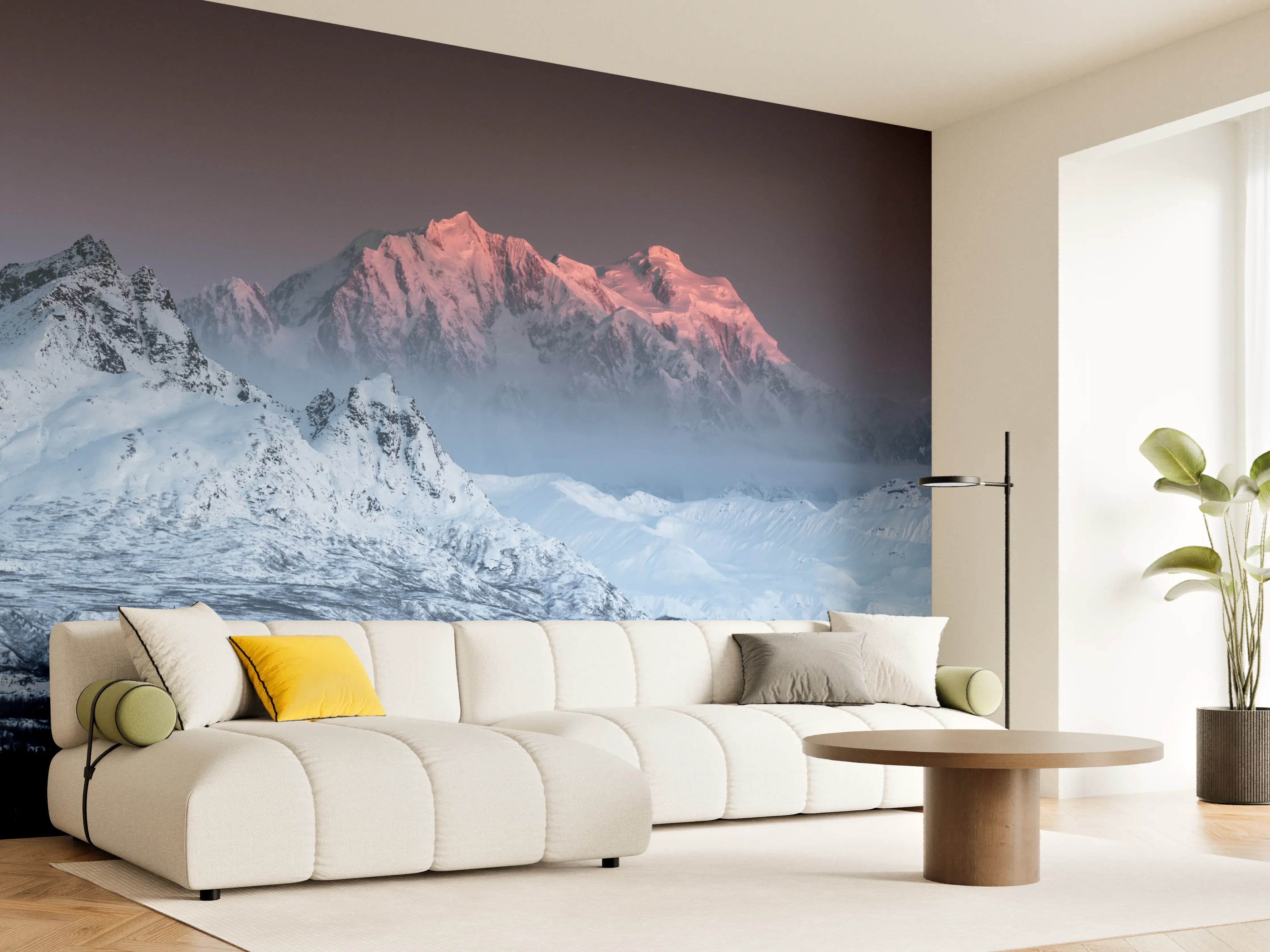 Wandverkleidung Wohnzimmer - Majestätische verschneite Berge bei Sonnenuntergang