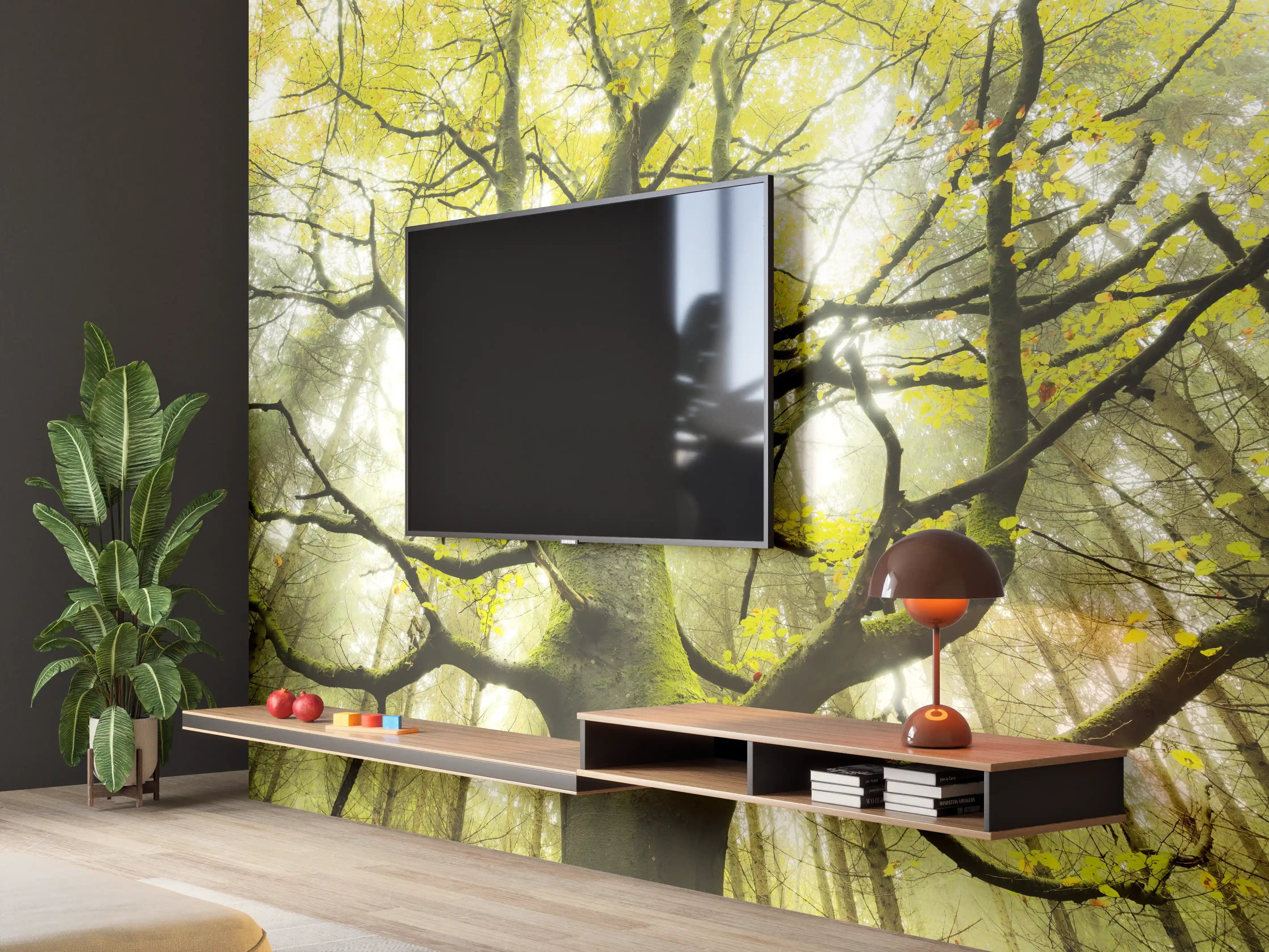 Wandverkleidung Wohnzimmer - Majestätischer Baum im Morgengrauen