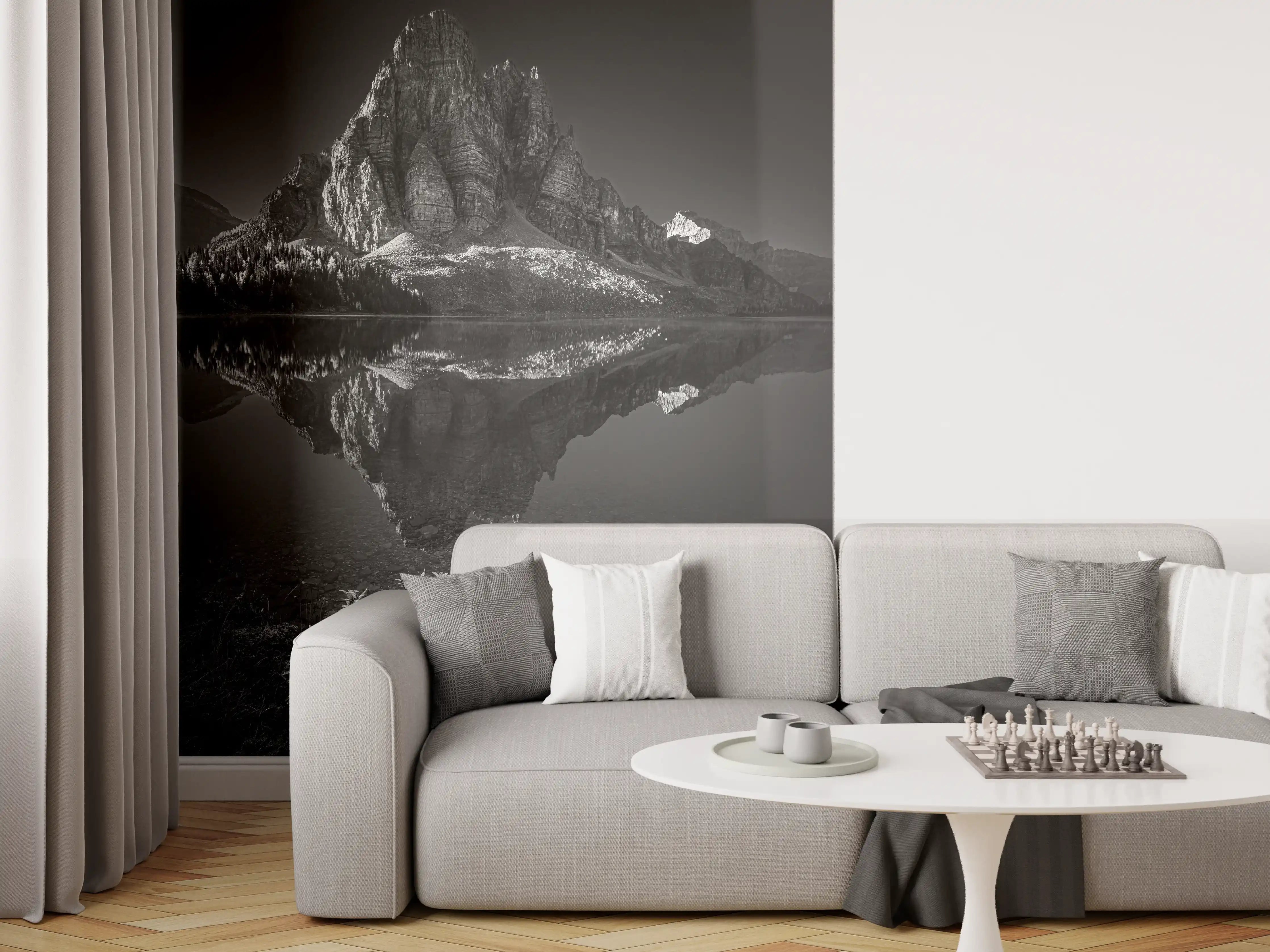 Wandverkleidung Wohnzimmer - Majestätischer Berg im Spiegelbild