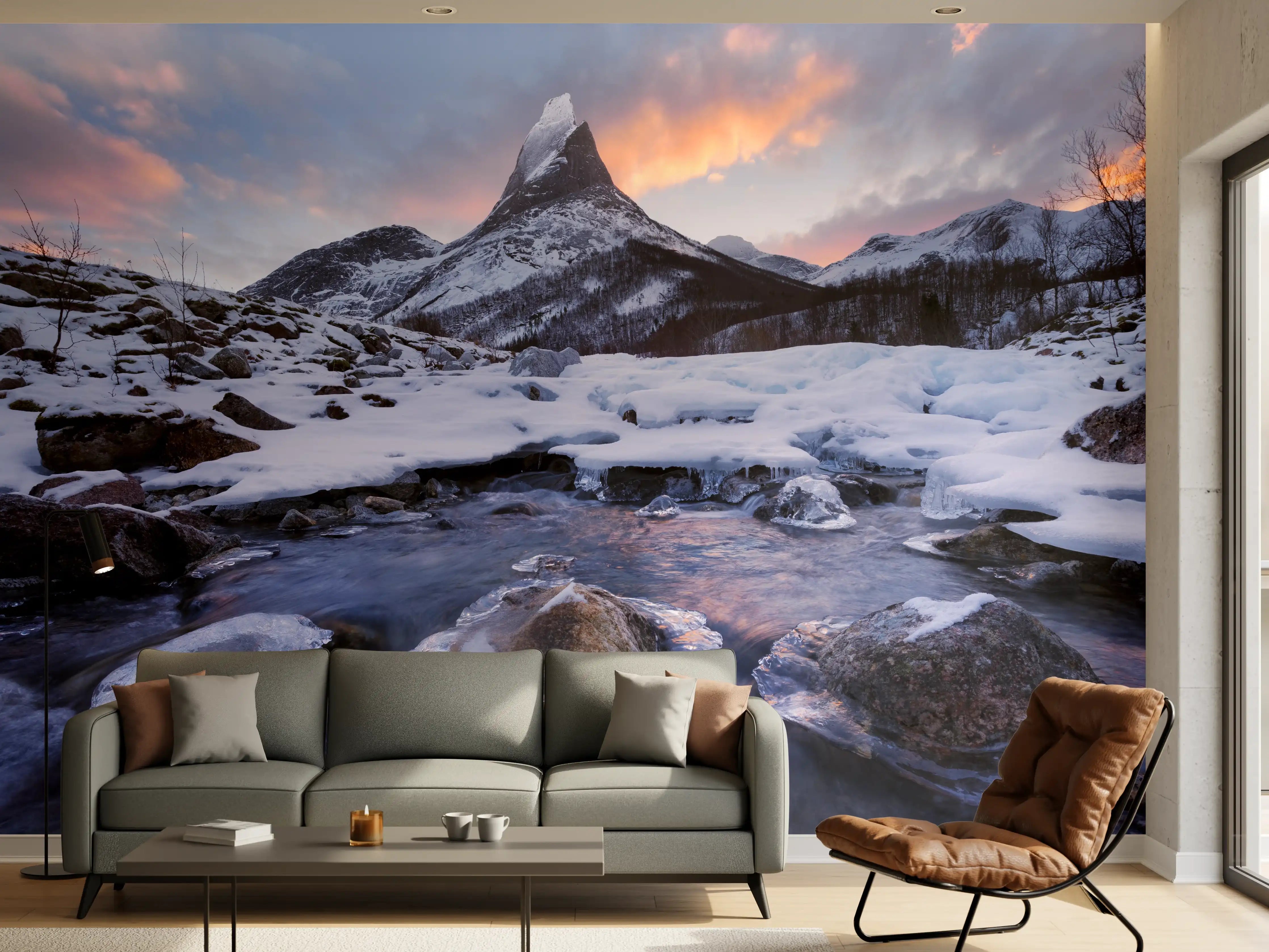 Wandverkleidung Wohnzimmer - Majestätischer Berggipfel bei Sonnenaufgang