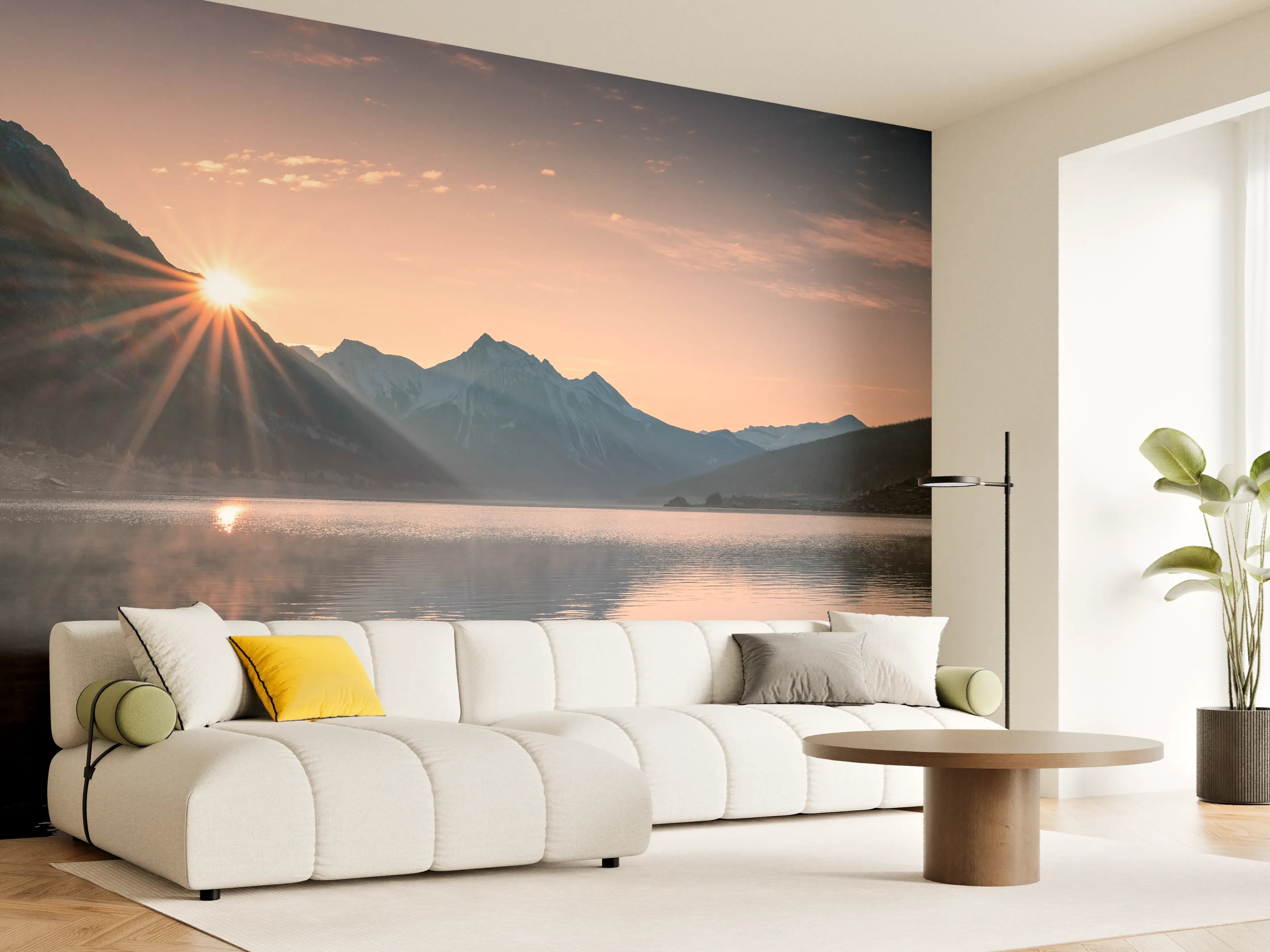 Wandverkleidung Wohnzimmer - Majestätischer Bergsee bei Sonnenaufgang mit Gipfeln und Himmel