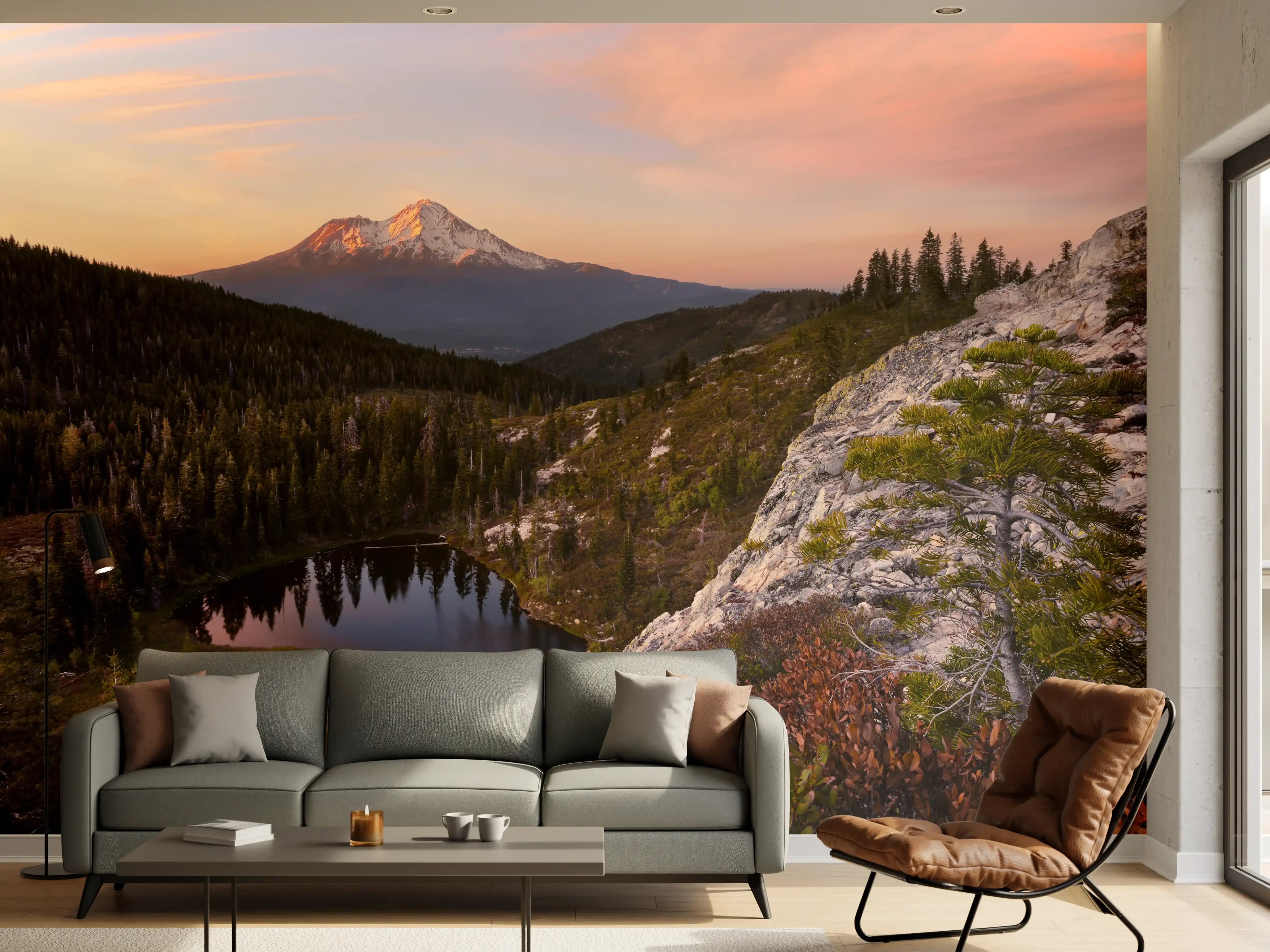 Wandverkleidung Wohnzimmer - Majestätischer Bergsee bei Sonnenuntergang mit Blick auf den Vulkan