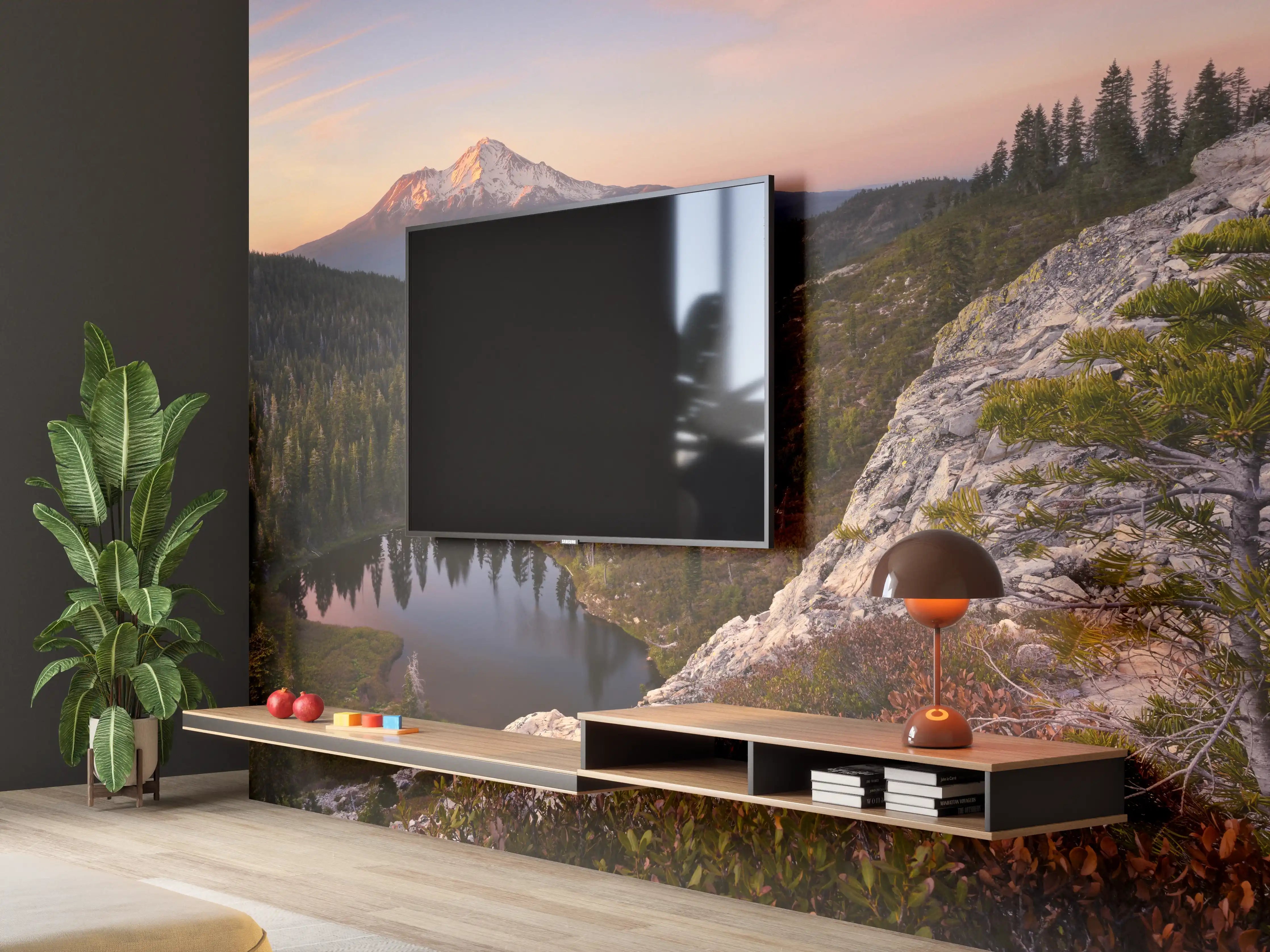 Wandverkleidung Wohnzimmer - Majestätischer Bergsee bei Sonnenuntergang mit Blick auf den Vulkan