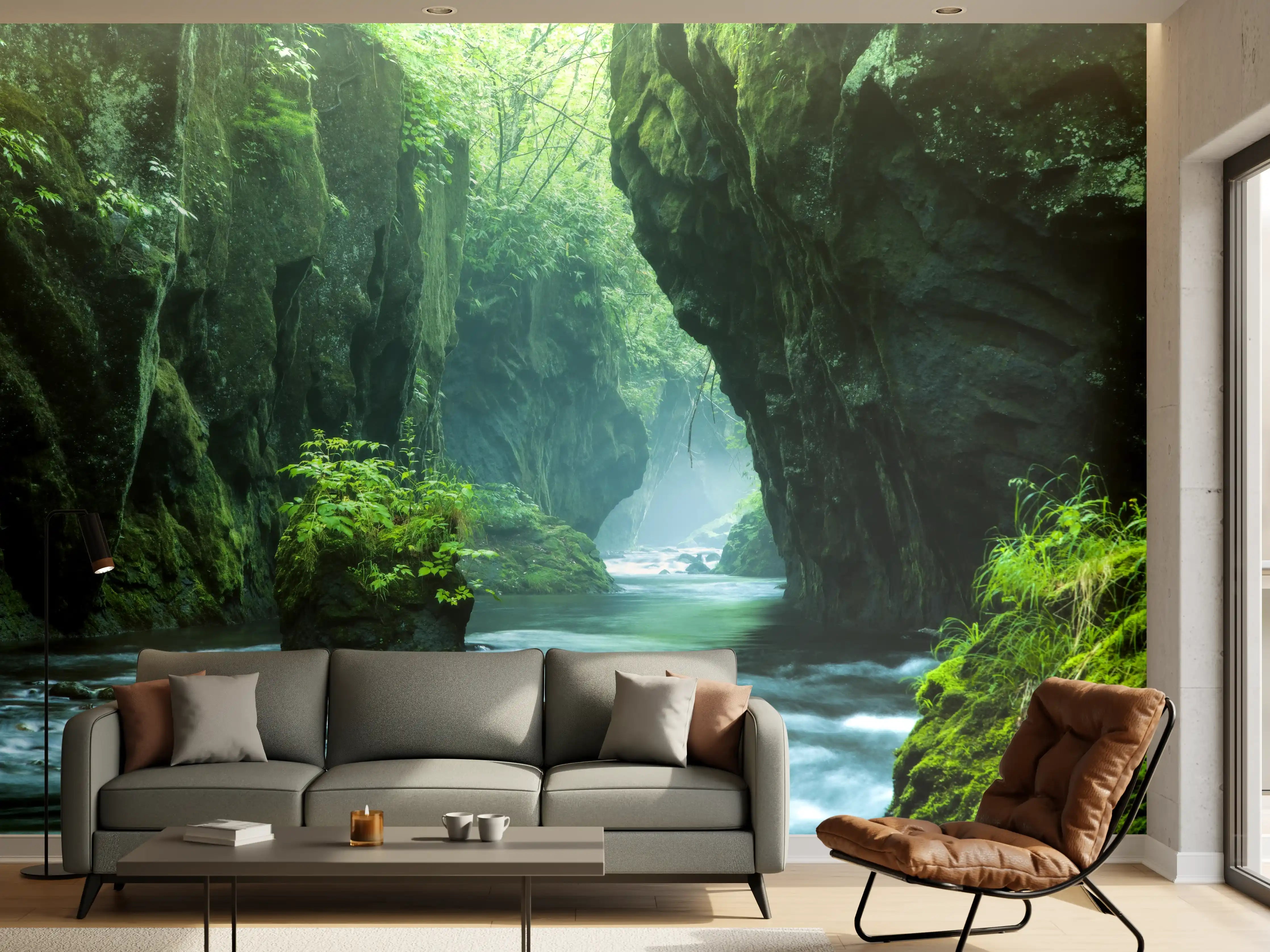 Wandverkleidung Wohnzimmer - Majestätischer Naturpark mit Fluss und Felsen